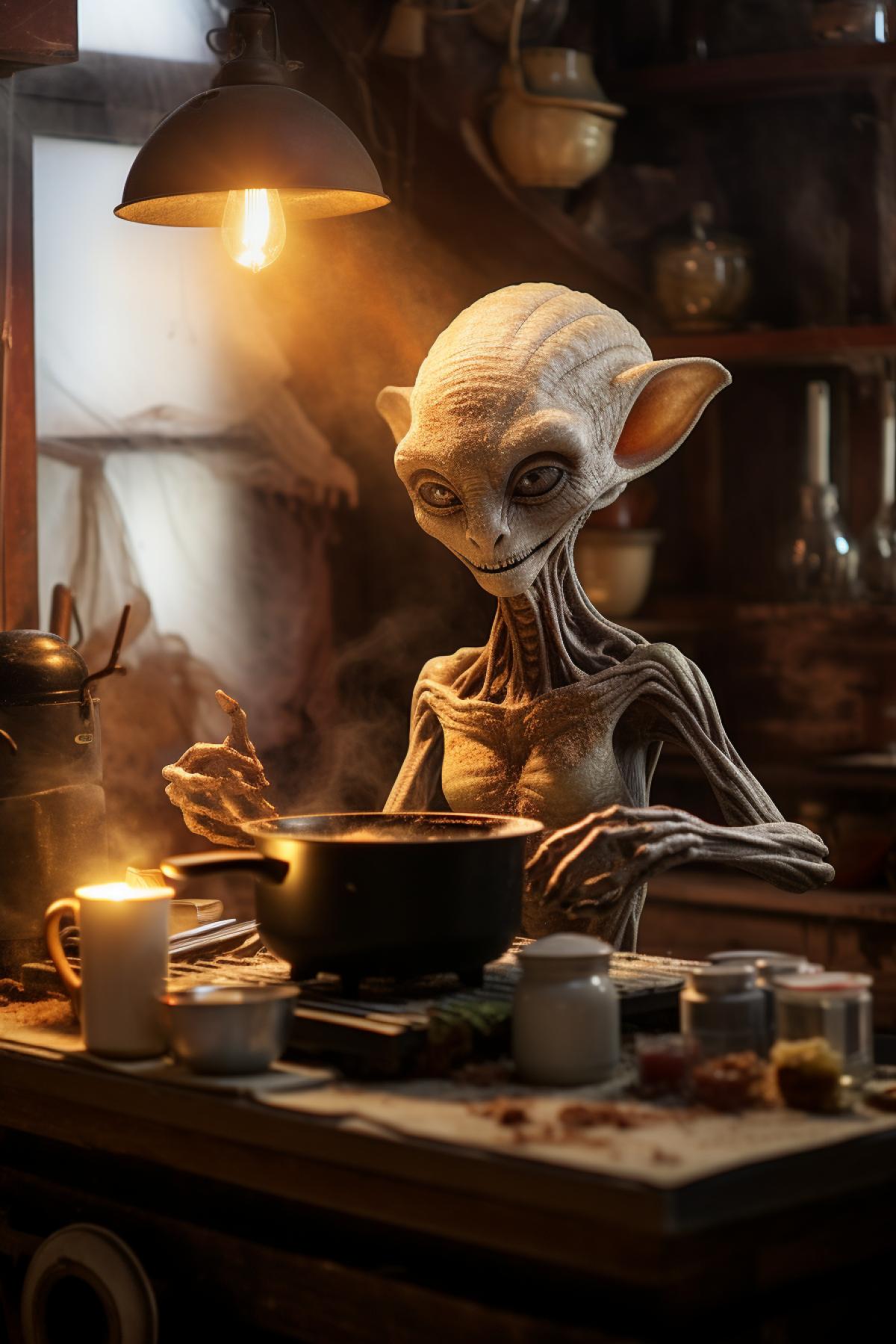 Happy alien cooking in a antique cook room, daytime, hyper detailed, Cinematic, Photoshoot, Photo taken with Canon EOS R5, cinematic, full lightning, absolute realism, Super Resolution, Megapixel, Pro Photo | 8k 80mm/ relax 8k Shadow depth of field high detail realistic hyper Realistic, hd smooth, 8k, hyper detail with a Nikon D850 and a Nikon AF-s NIKKOR 70-200mm f/2.8E FL ED VR lens, lit with high-key lightning to create a soft and ethereal feel, a shallow depth of field 4k 8k