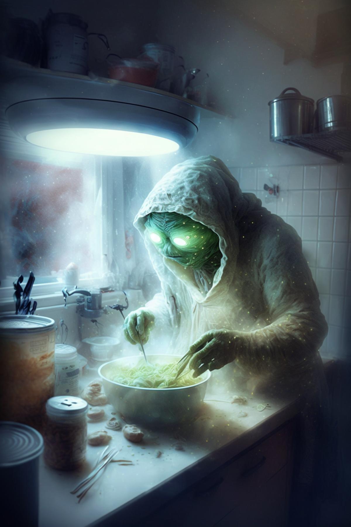 transparent jelly-like alien preparing dinner in the kitchen