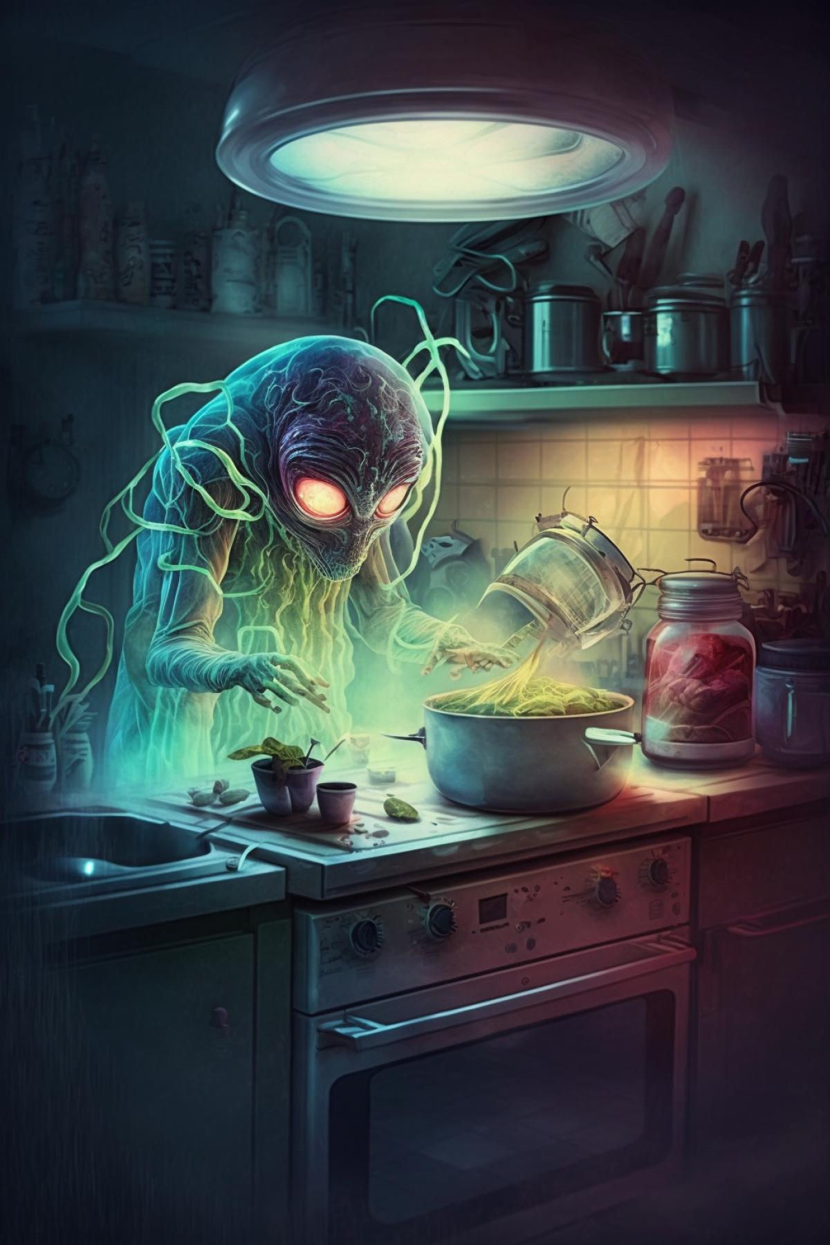 transparent jelly-like alien preparing dinner in the kitchen