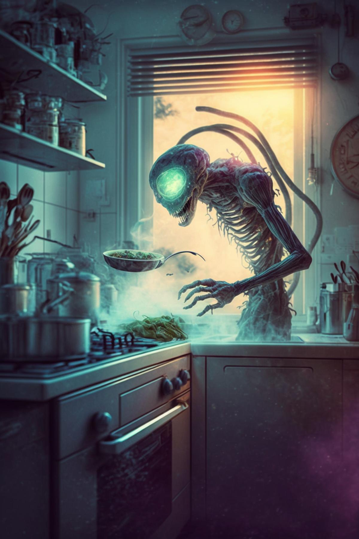 transparent jelly-like alien preparing dinner in the kitchen