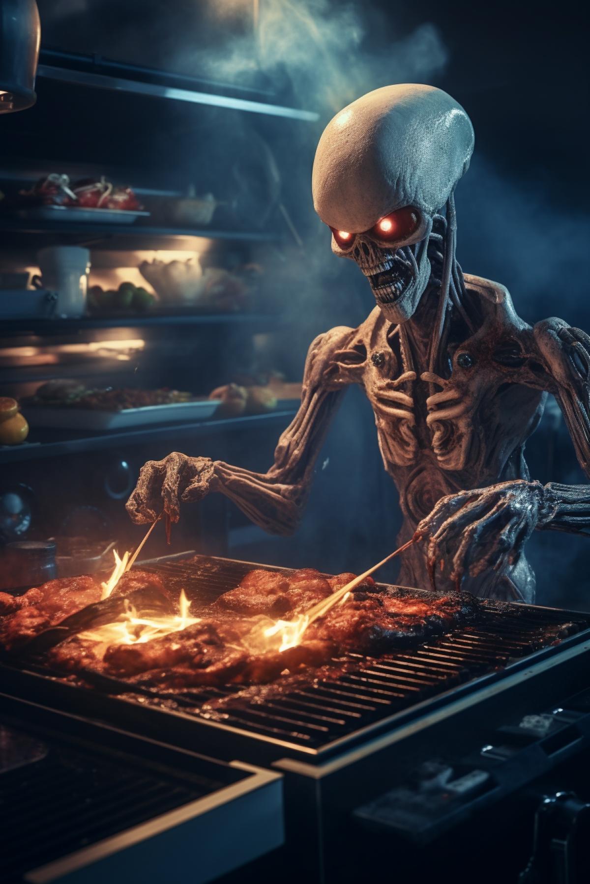 Alien champion cooking a barbecue meat, dynamic 4k, young athlethic alien with beard + medal, perfect fingers, five fingers, photorealistic, cinematic com4k, cinematic high detail, ultra realistic, cinematic lighting, Shot on 50mm lense, Ultra- Wide Angle, Depth of Field, hyper-detailed, beautifully color-coded, beautifully color graded, Unreal Engine, Cinematic, Color Grading, Editorial Photography, Photography, Photoshoot, Shot on 70mm lense, Depth of Field, DOF, Tilt Blur, Shutter Speed 1/1000, F/22, White Balance, 32k, Super-Resolution, Megapixel, ProPhoto RGB, VR, Lonely, Good, Massive, Halfrear Lighting, Backlight, Natural Lighting, Incandescent, Optical Fiber, Moody Lighting, Cinematic Lighting, Studio Lighting, Soft Lighting, Volumetric, Contre-Jour, Beautiful Lighting, Accent Lighting, Global Illumination, Screen Space Global Illumination, Ray Tracing Global Illumination, Optics, Scattering, Glowing, Shadows, Rough, Shimmering, Ray Tracing Reflections, Lumen Reflections, Scree