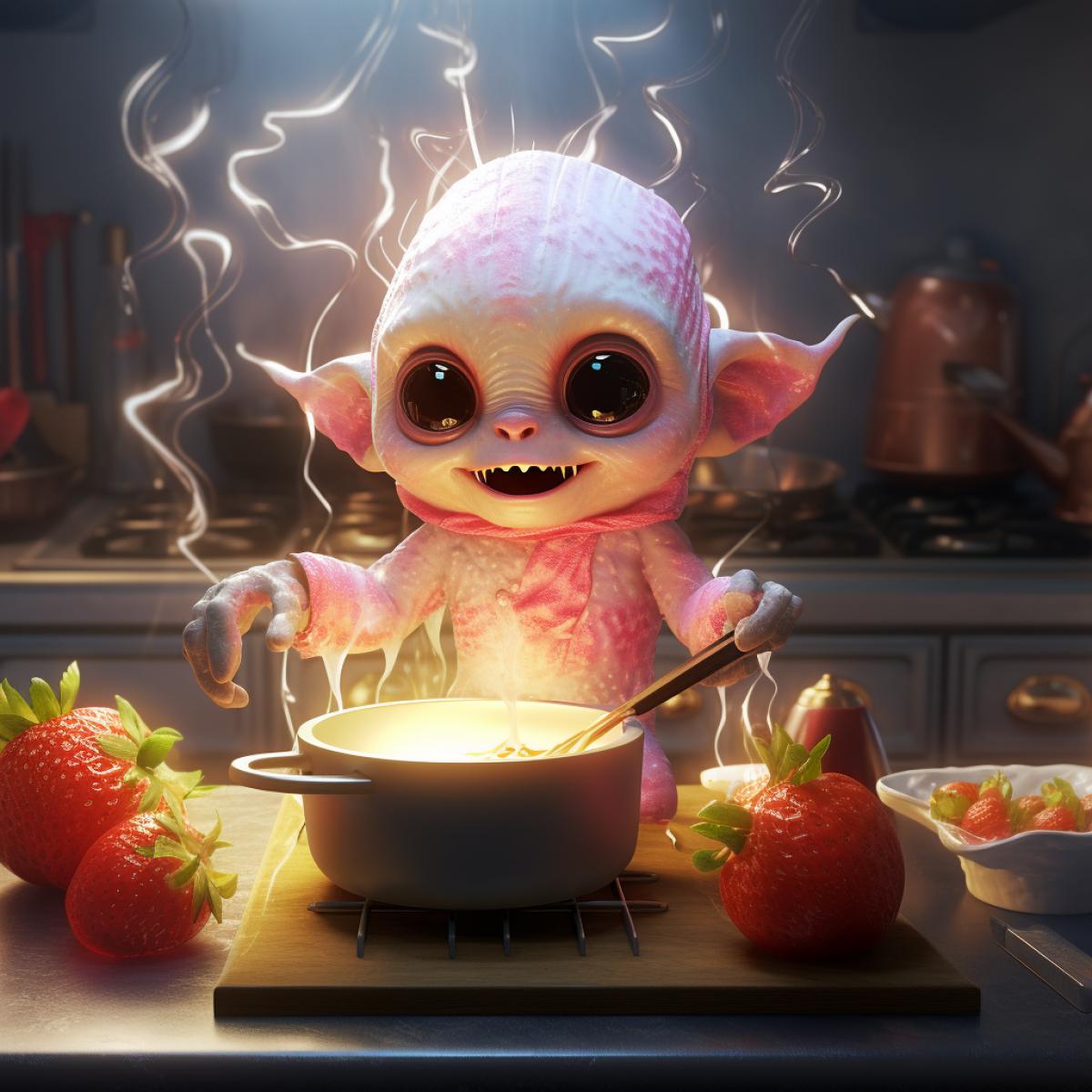 cute alien dressed like a chef, cooking a strawberry cake, 3d, soft lightning