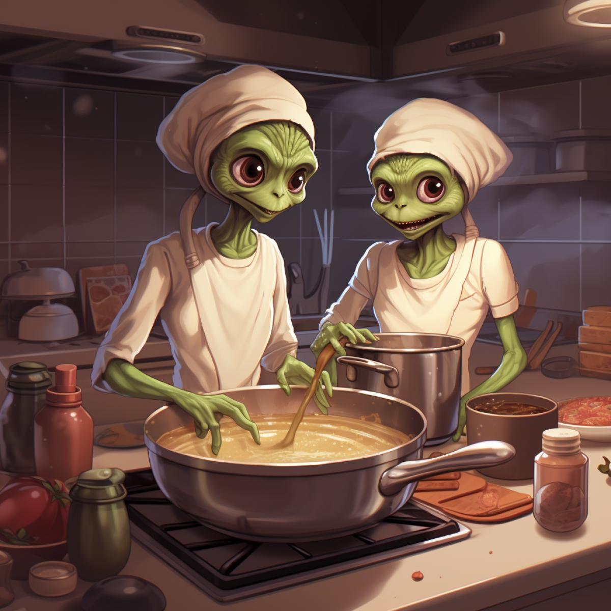 Two teenage alien and alien cooking together in the kitchen, one is furiously whisking in a bowl with eyebrows down and a large frown, the other is laughing