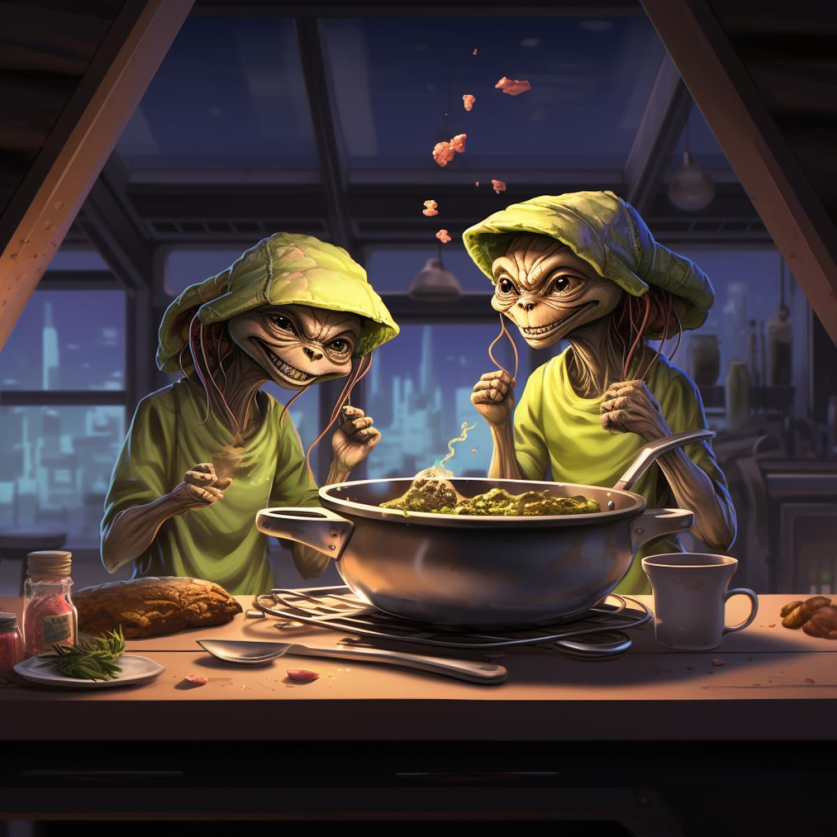 Two teenage alien and alien cooking together in the kitchen, one is furiously whisking in a bowl with eyebrows down and a large frown, the other is laughing