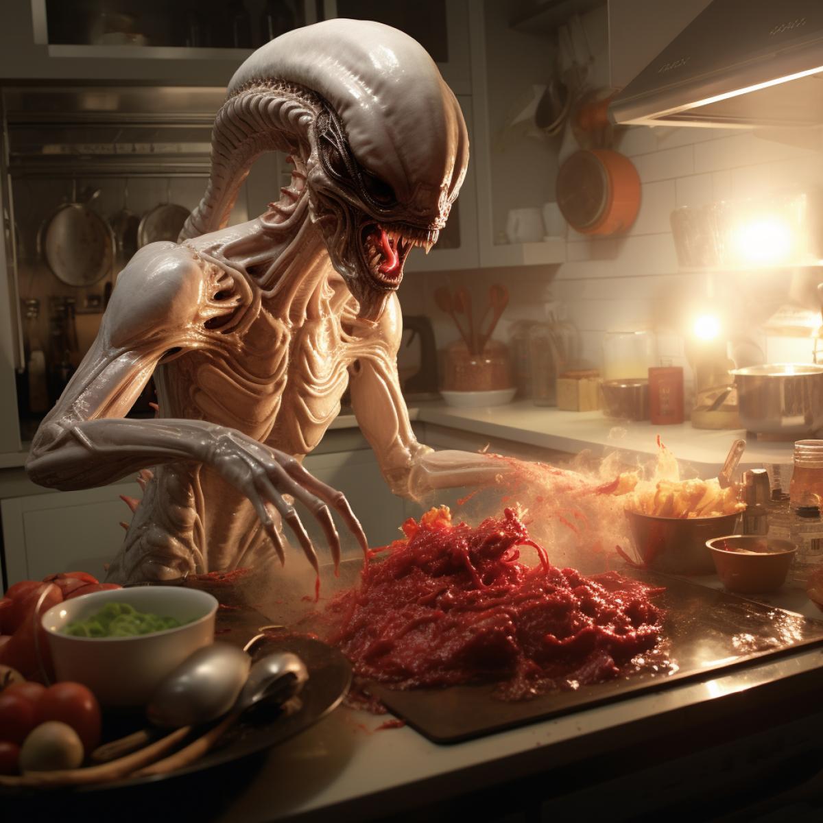 close-up of a alien cooking in the kitchen, white xenomorph, hollywood advertising image, app, bite, pixvy, of red liquid, renascentist, passengers, chupacabra, no text, warm atmosphere, advertising rendering, quintessa