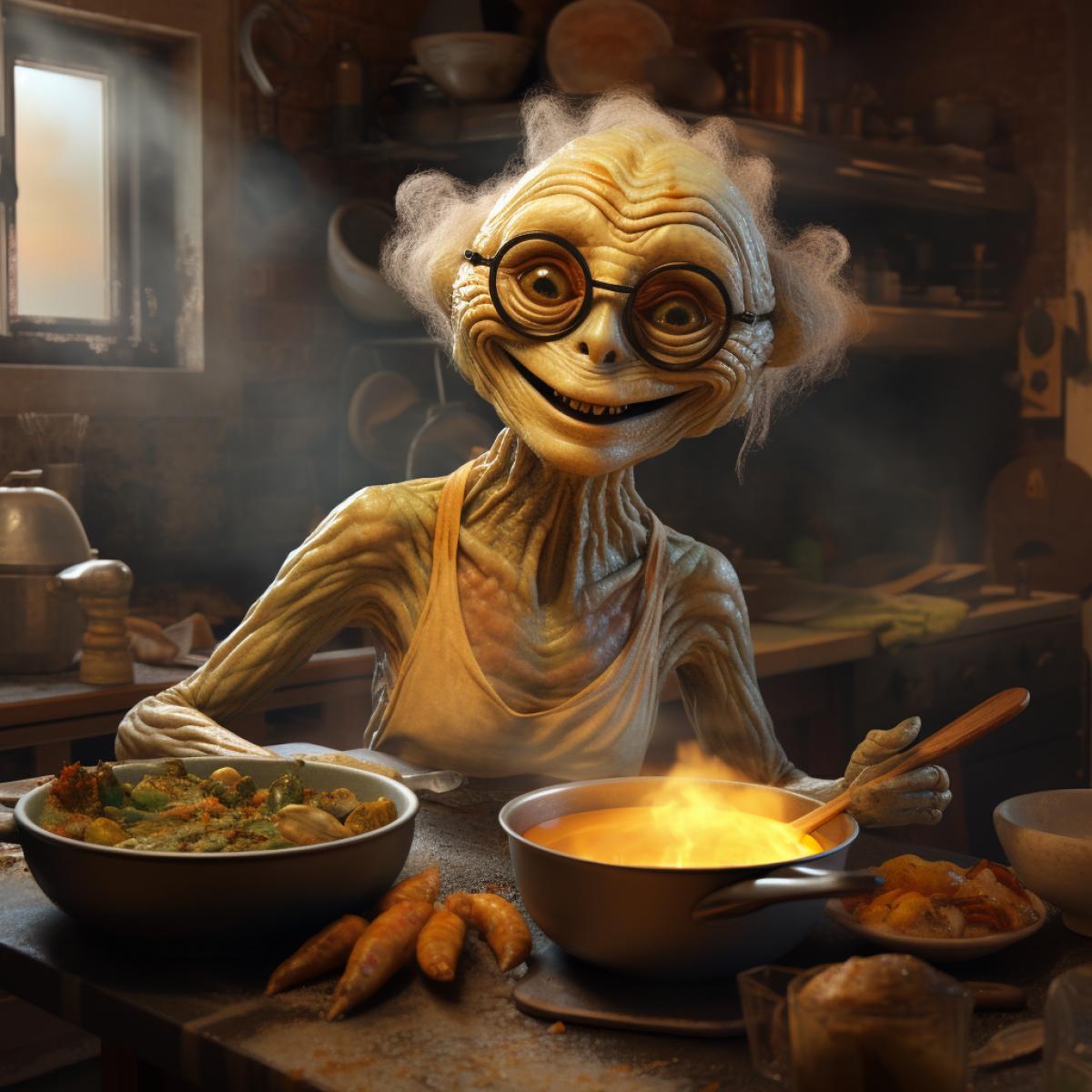 Alien mother , wearing spectacle, sweet smile calm and steady , kitchen in the rage of cooking, boiling and frying, flour and eggs all over the woodden table, classic kitchen, confined, details as possible