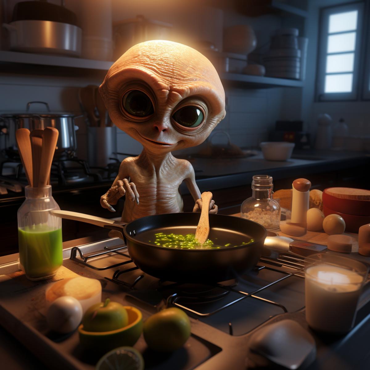 the cute alien which is cooking a dinner for human in ikea style home