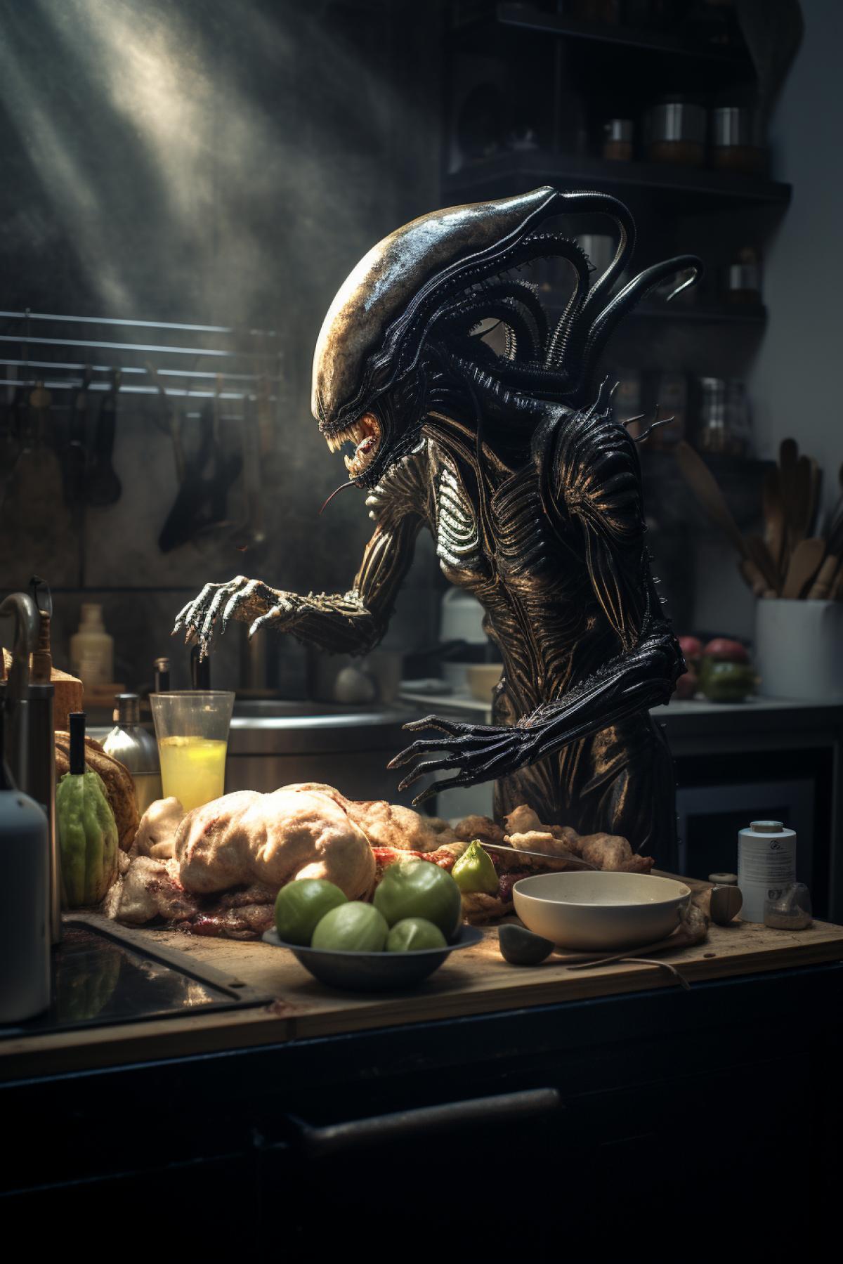 Xenomorph cooking in the kitchen, cook’s style clothes, horror, humour , Netflix style, cinematic, photorealistic, epic, atmospheric