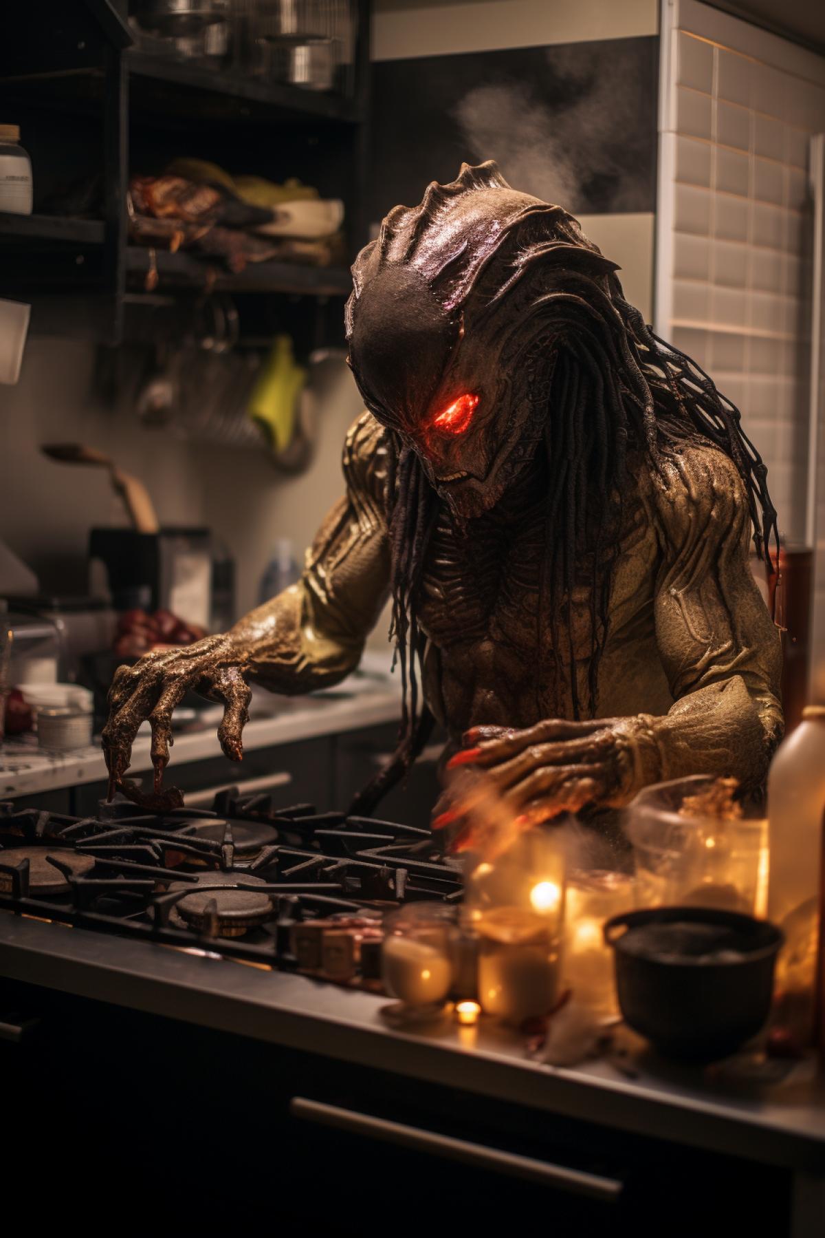 Predator alien cooking in the kitchen, cook’s style clothes, horror, humour , Netflix style, cinematic, photorealistic, atmospheric
