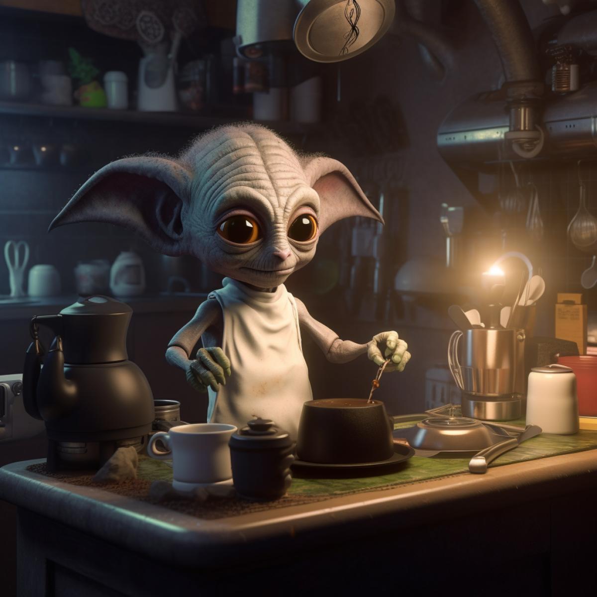 cute little alien in the kitchen preparing coffee in a Turk