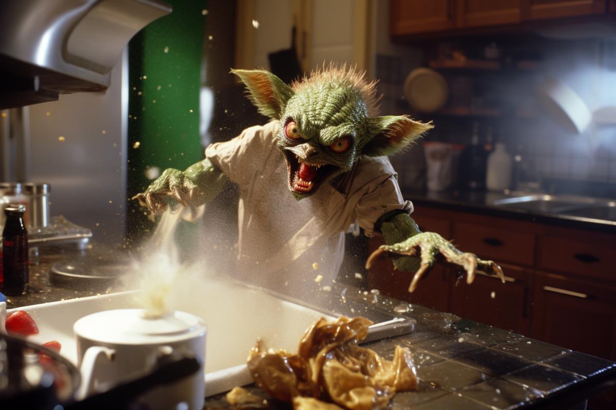 Green Gremlins destroying kitchen, gremlins franchise film , funny, cinematic, horror, photorealistic