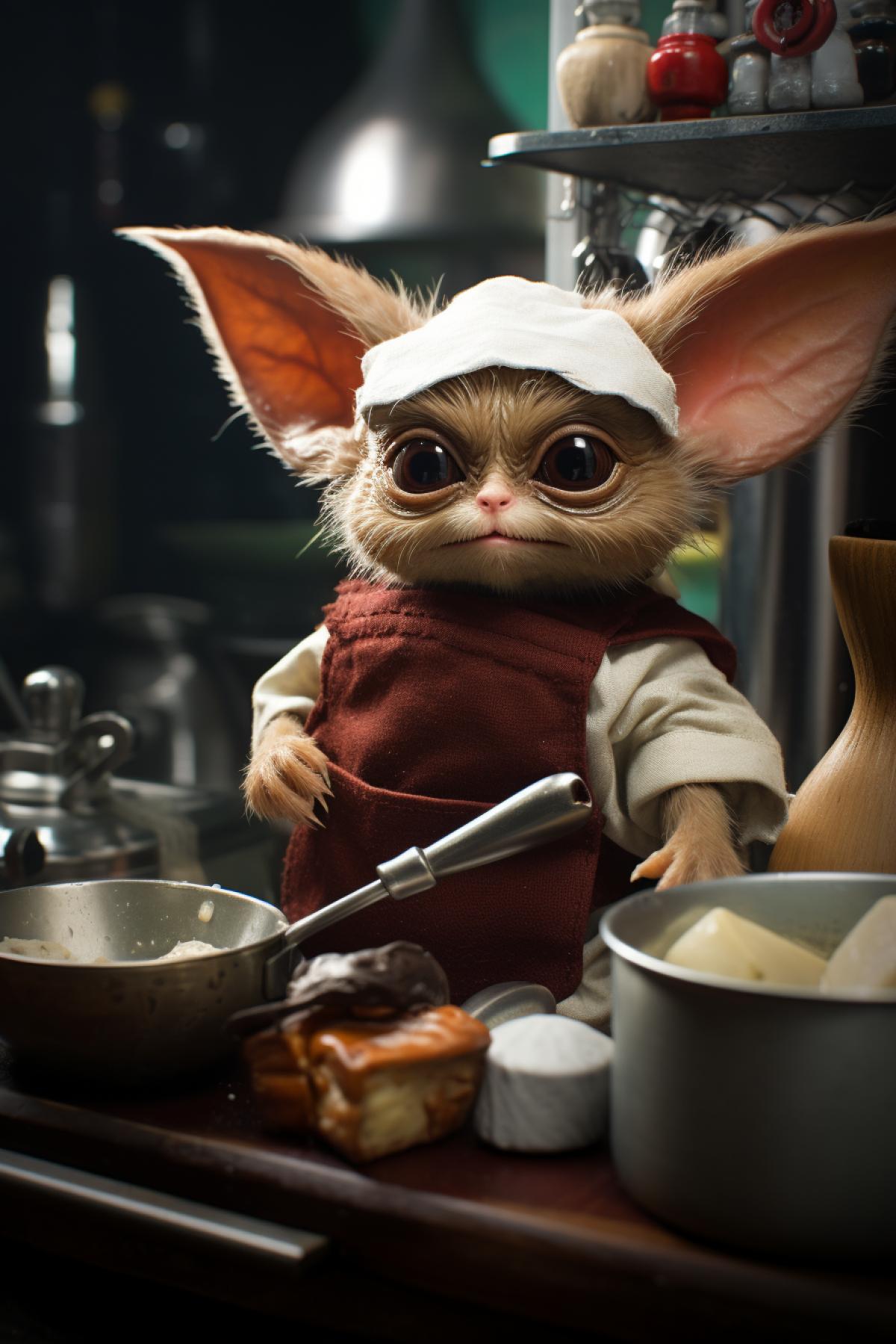 Gizmo Mogwai at the kitchen, gremlins franchise film, funny, cute, cinematic, photorealistic