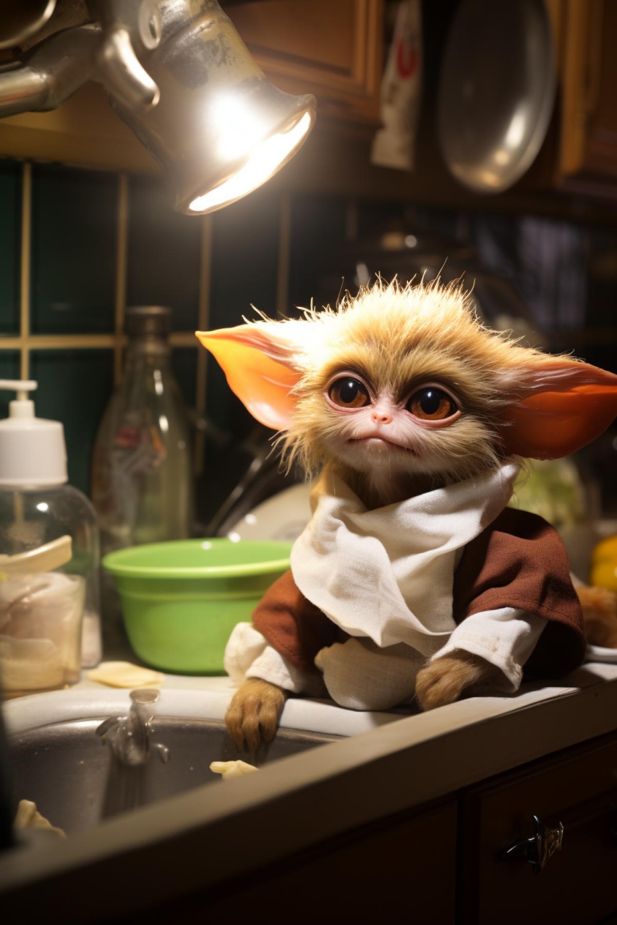 Gizmo Mogwai in the kitchen, gremlins franchise film, funny, cute, cinematic, photorealistic