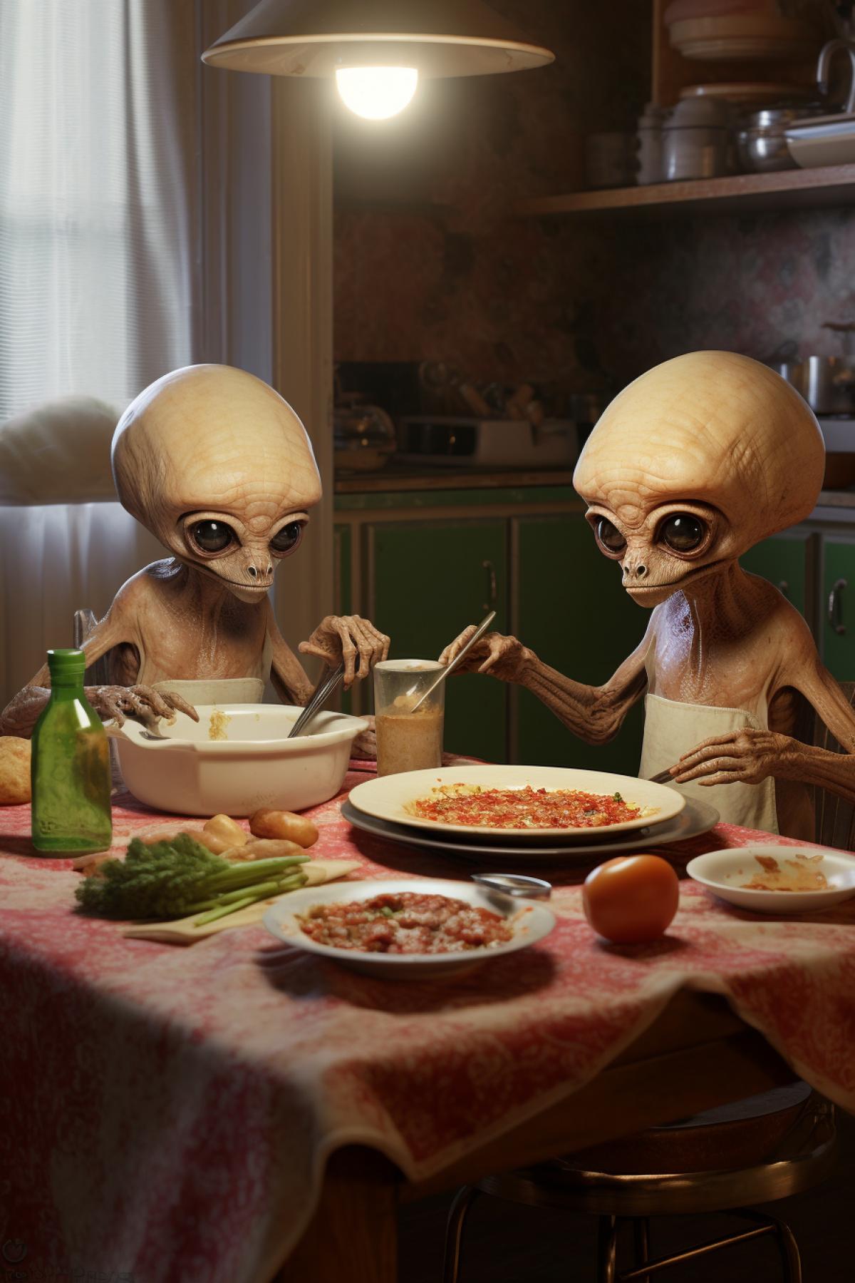 Aliens eating pizza in the kitchen