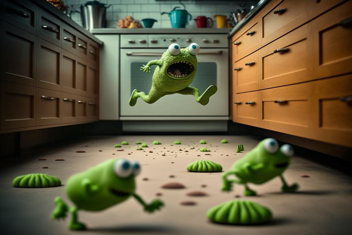A man with a slipper in his hand runs through the kitchen. Hundreds of little green aliens are running across the floor in a panic. High detail. Photography in motion.