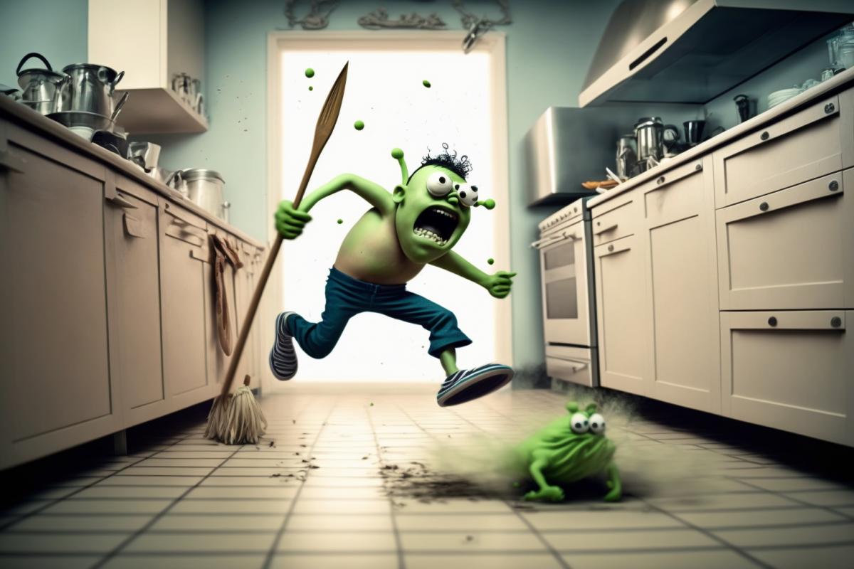 A man with a broom in his hand runs through the kitchen. Hundreds of little green aliens are running across the floor in a panic. High detail. Photography in motion.