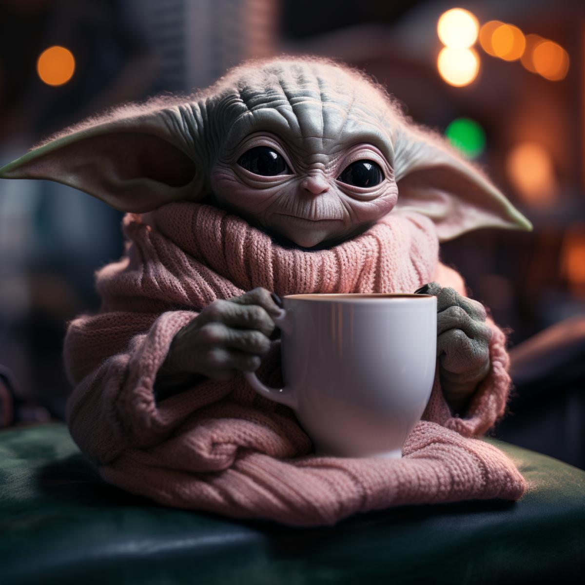 close-up of little alien holding a cup, realistic photography, 8 k high detail, cute alien, hyper-realistic photography, taken on canon eos r6, inspired by puma, covered with woolen plaid, covered, good morning