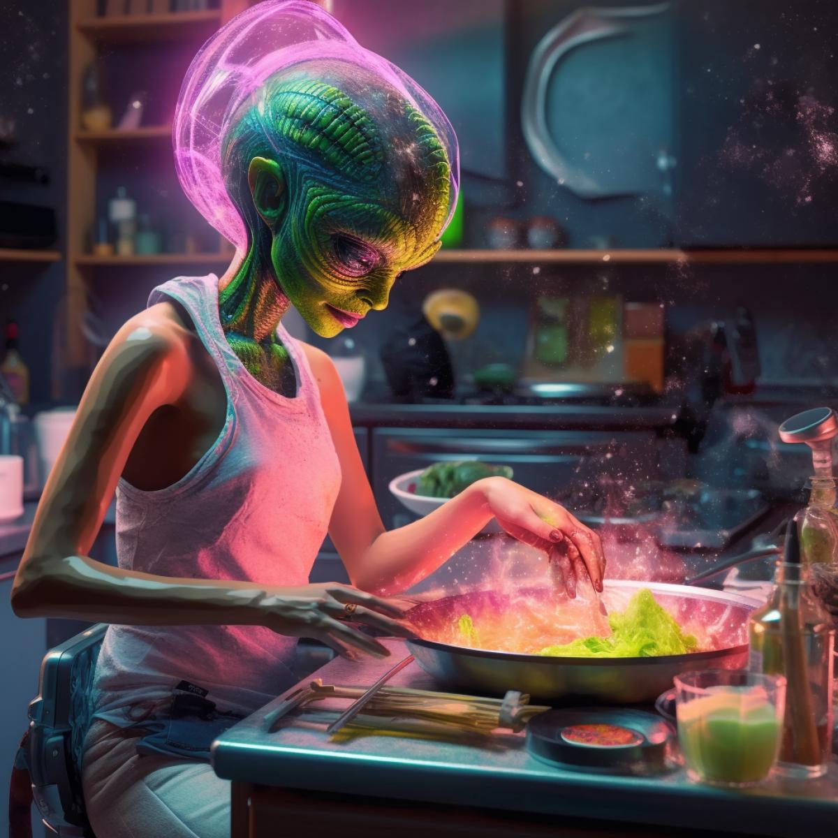 luxury alien woman preparing dinner in the kitchen, ticket, glitter, happiness, joy bright acid colors