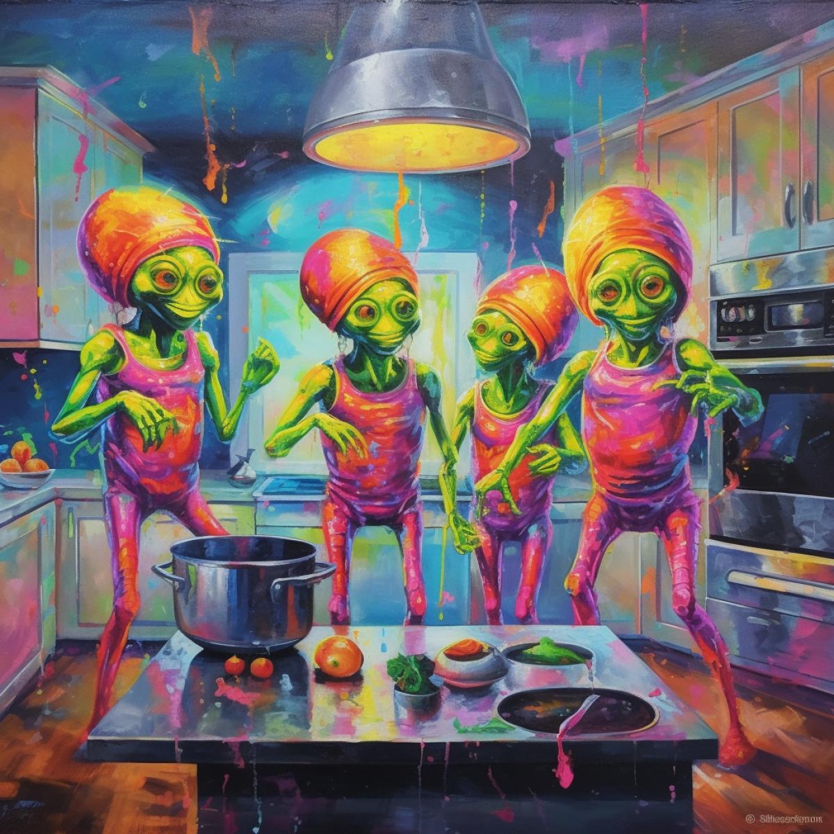 a lot of fashionable aliens in the kitchen, party, bright acid colors, large kitchen, dancing
