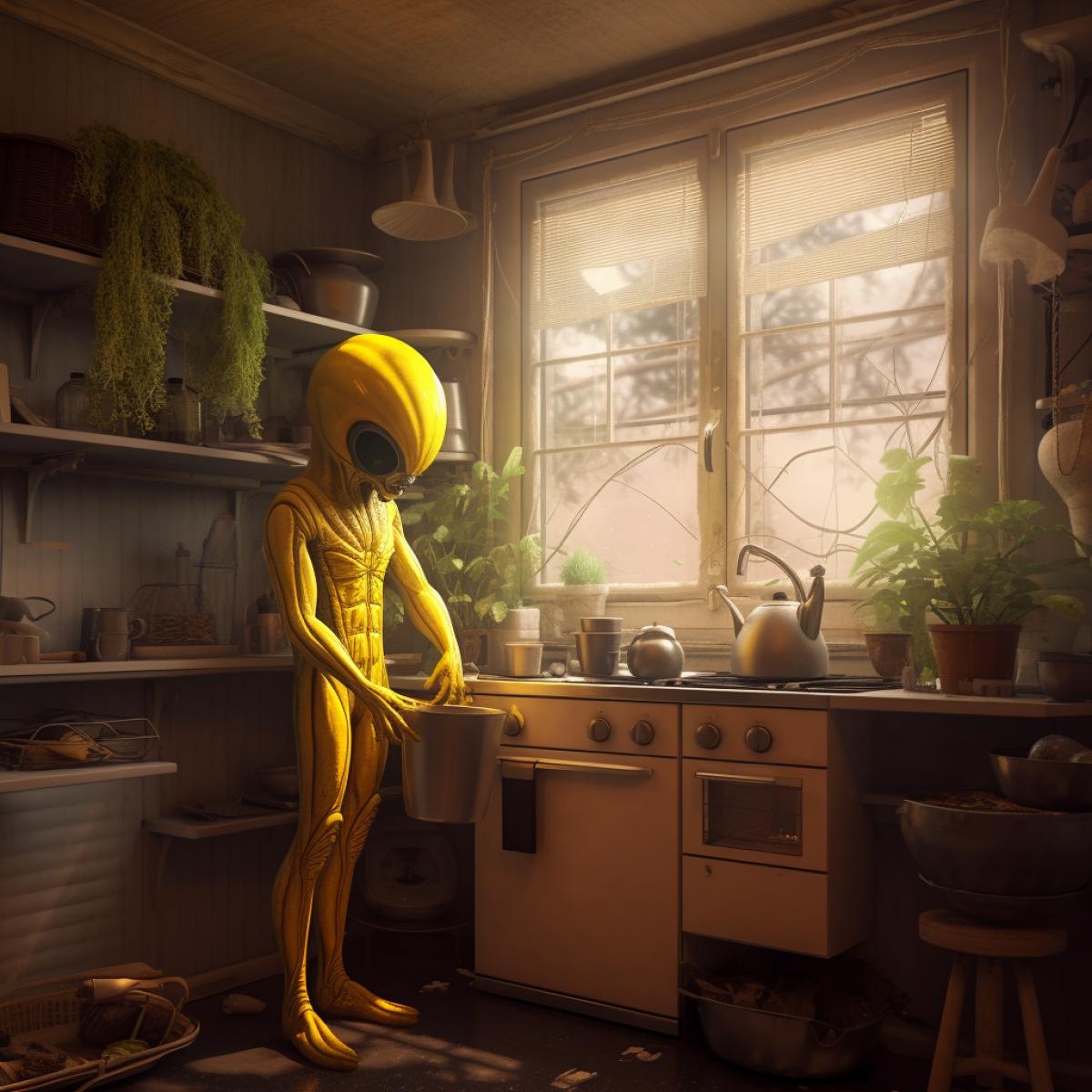 An alien is cleaning the kitchen, the interior of the future, yellow color, homely atmosphere, space outside the window