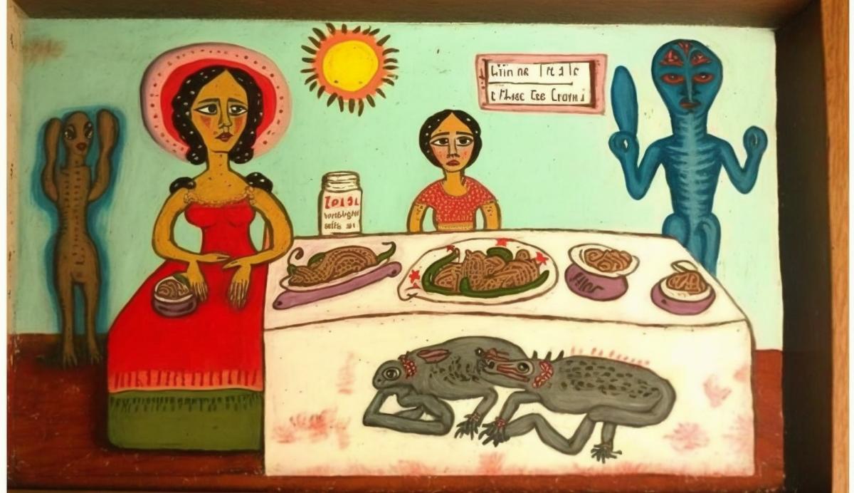 Mexican Ex Voto retablo. ex voto. Aliens in my kitchen. native mexican painting