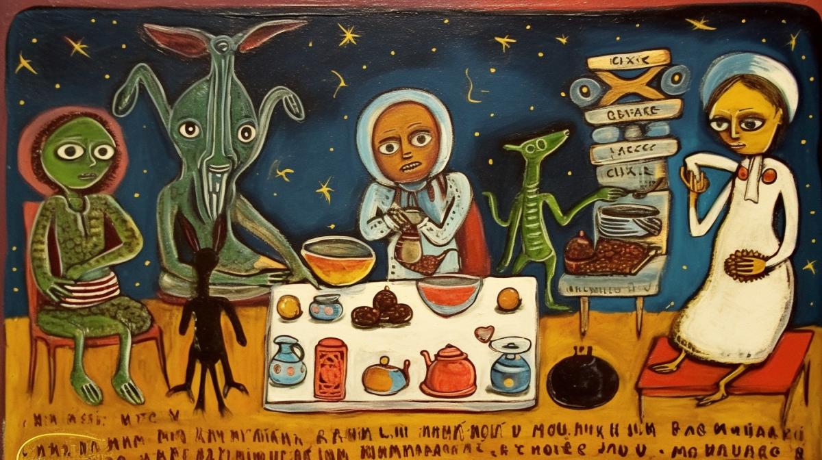 Mexican Ex Voto retablo. ex voto. Aliens in my kitchen. the dog is happy. aliens give gifts to the hostess and children. native mexican painting style