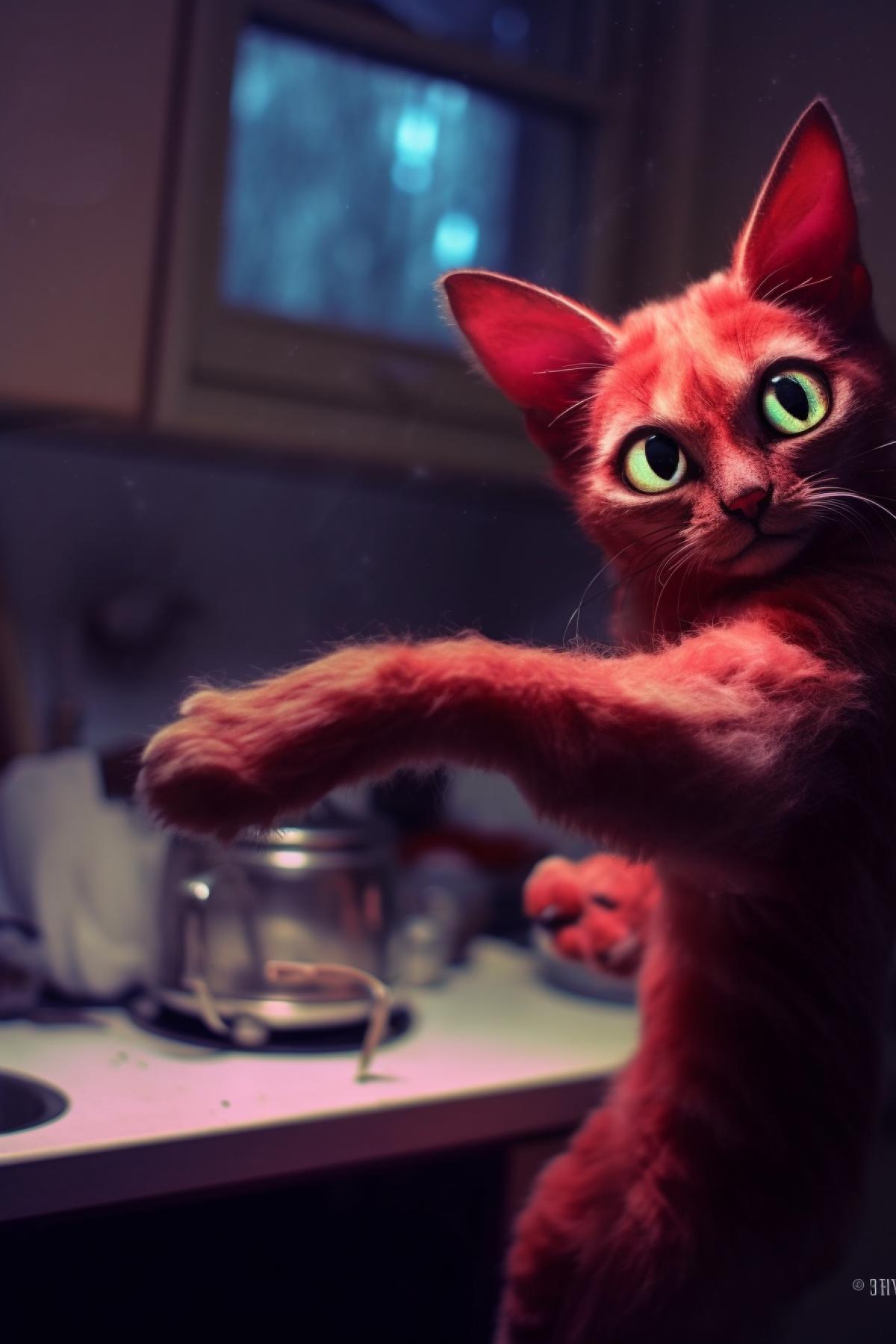 Red Martian three-eyed cat with Martian glowing eyes in the kitchen, modern kitchen background, mysterious lighting, mystical alien atmosphere, photo with noise