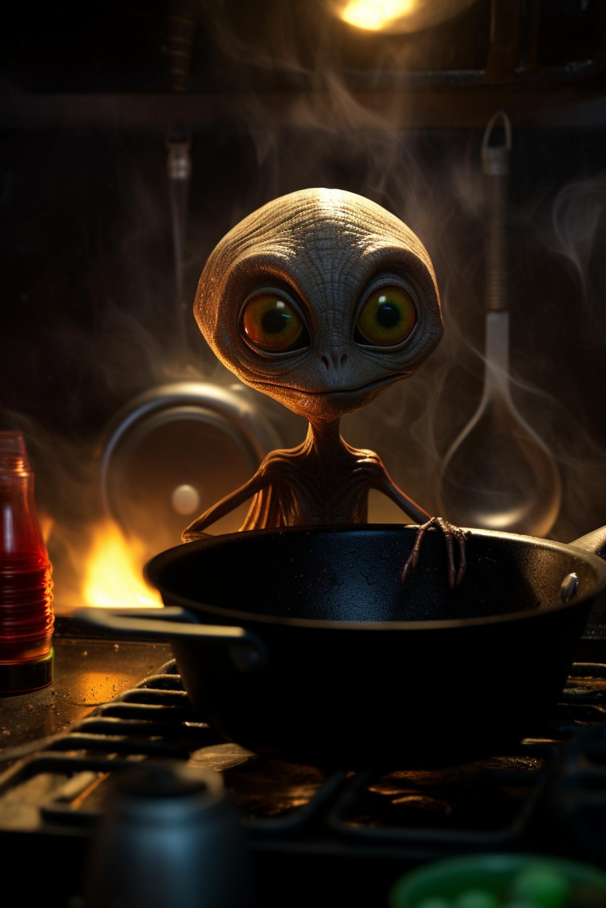 A little alien from the movie Men in dark sits on a hot frying pan, kitchen background.