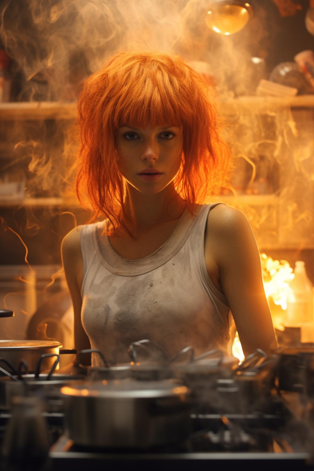Leeloo from the movie The Fifth Element cooking in the kitchen, steam, heat, fire, flour, perspective photo, high pixel density photo, grainy filter, cinematic lighting