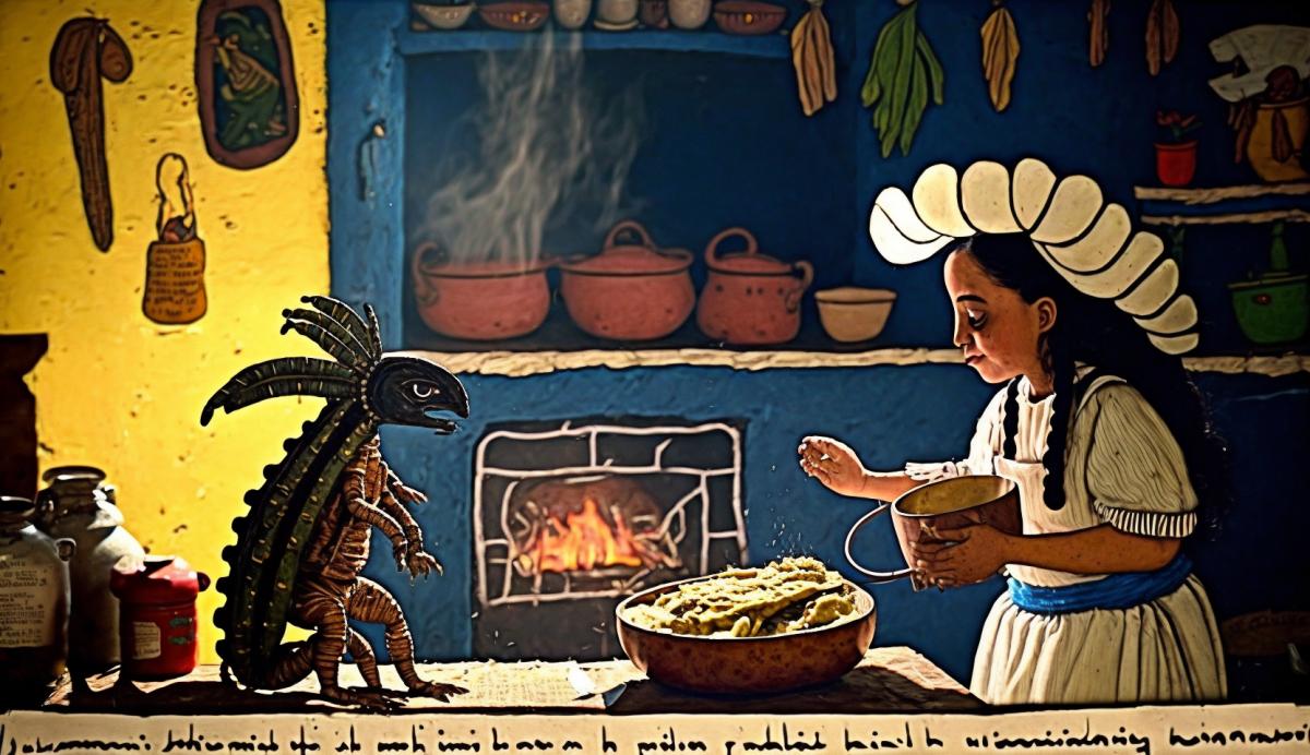 Predator treats Alien in the kitchen while visiting a Mexican family .the Alien pets a dog. predator from the movie Predator 1987. Alien from the movie Alien 1979. Mexican folk pictures style/ retablo ex voto style.