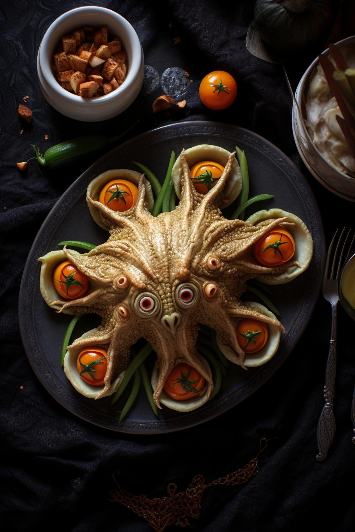 An alien dish with the paws of Martian goktuls, the eyes of Gerron zalloi, and the intestines of Hyyuz matsillas, a beautiful culinary photo, top view
