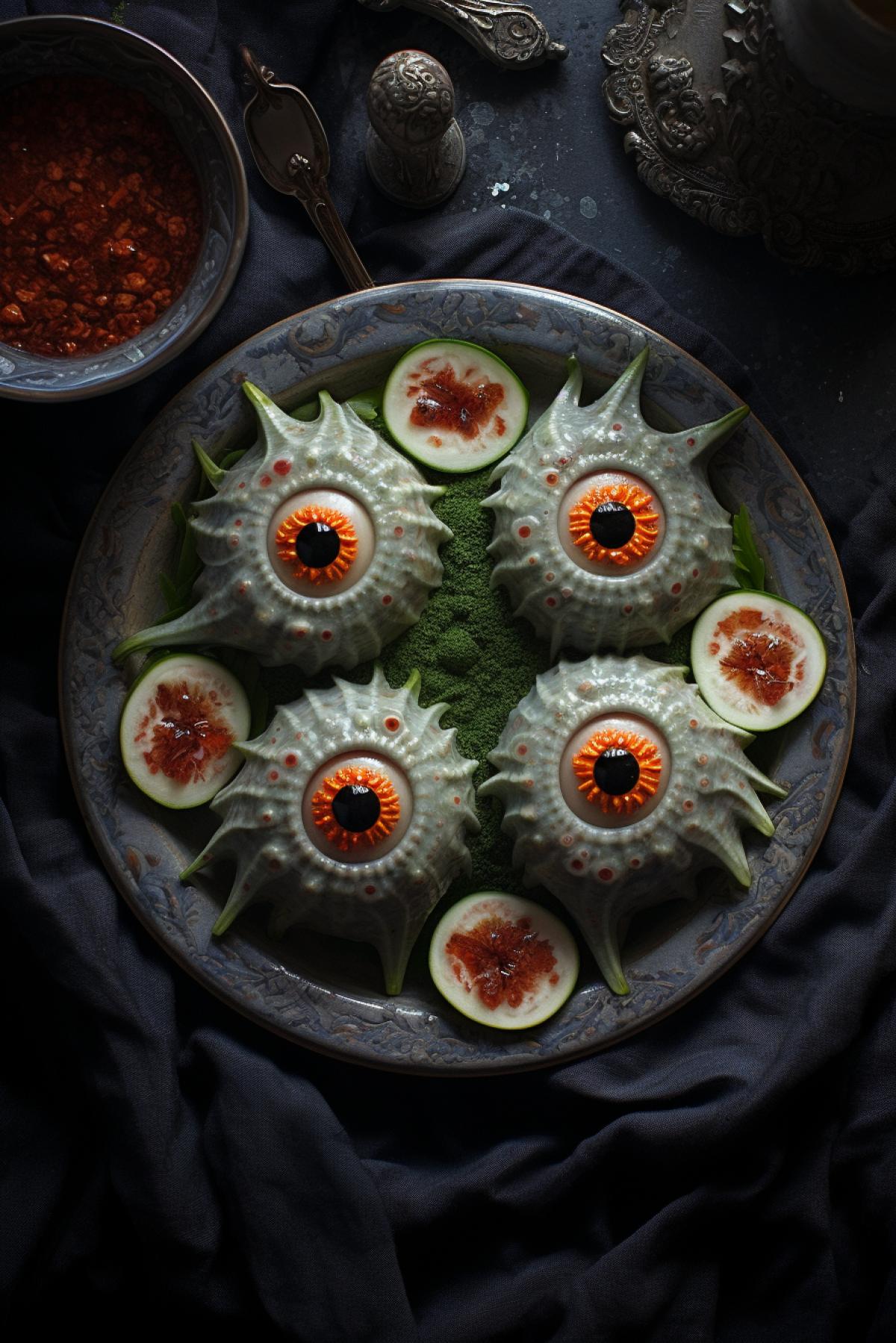 An alien dish with the paws of Martian goktuls, the eyes of Gerron zalloi, and the intestines of Hyyuz matsillas, a beautiful culinary photo, top view