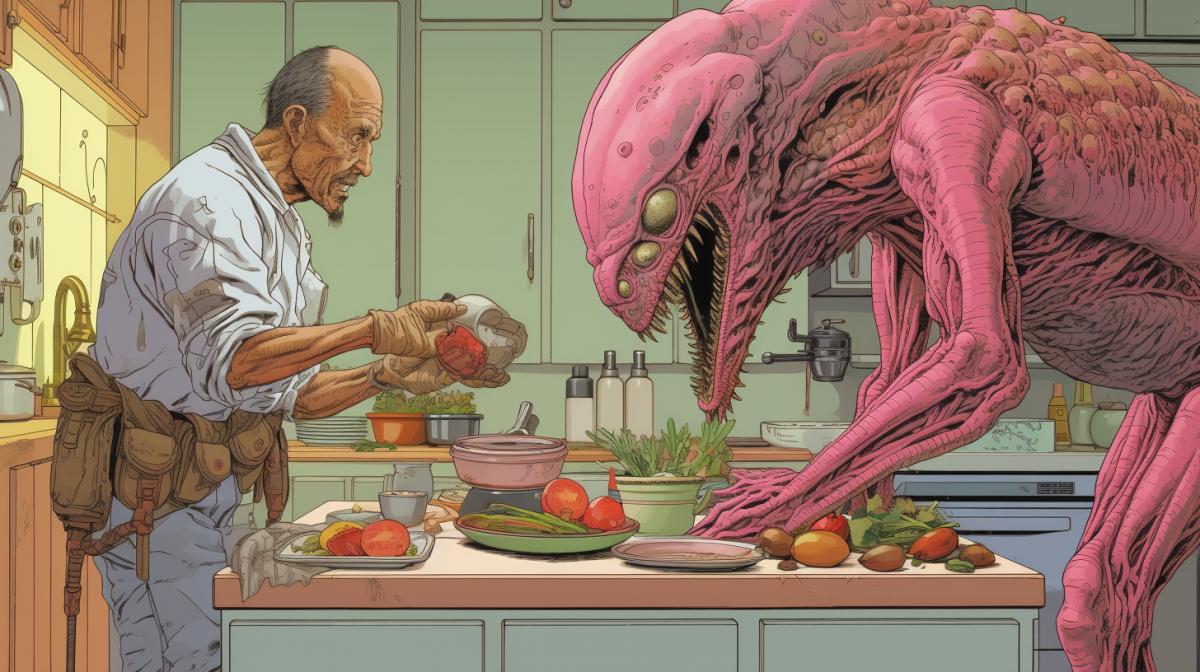 Predator treats Alien in the kitchen while visiting a Mexican family . bande dessinée style. French fantasy/science-fiction comic Jean Giraud Moebius style. Cute. Kawaii style. Hayao Miyazaki style