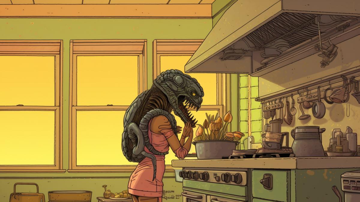 Predator and Alien in the kitchen while visiting cute mexican young woman . bande dessinée style. French fantasy science-fiction comic Jean Giraud Moebius style. Cute. Kawaii style. Hayao Miyazaki style