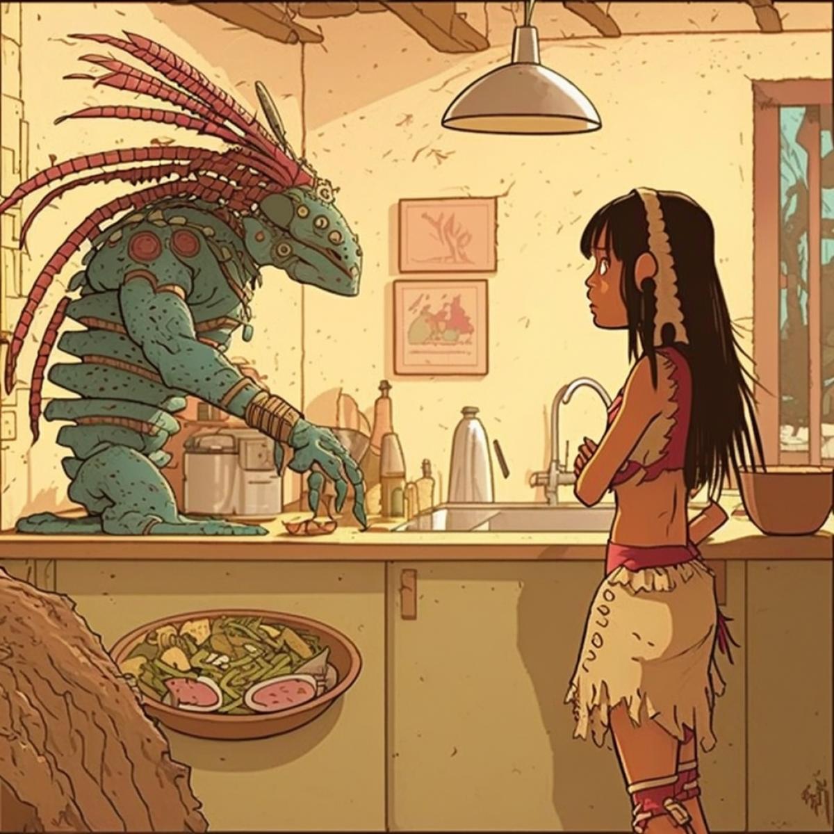 Predator in the mexican kitchen visiting cute mexican young woman . bande dessinée style. French fantasy science-fiction comic Jean Giraud Moebius style. Cute. Kawaii style. Hayao Miyazaki style