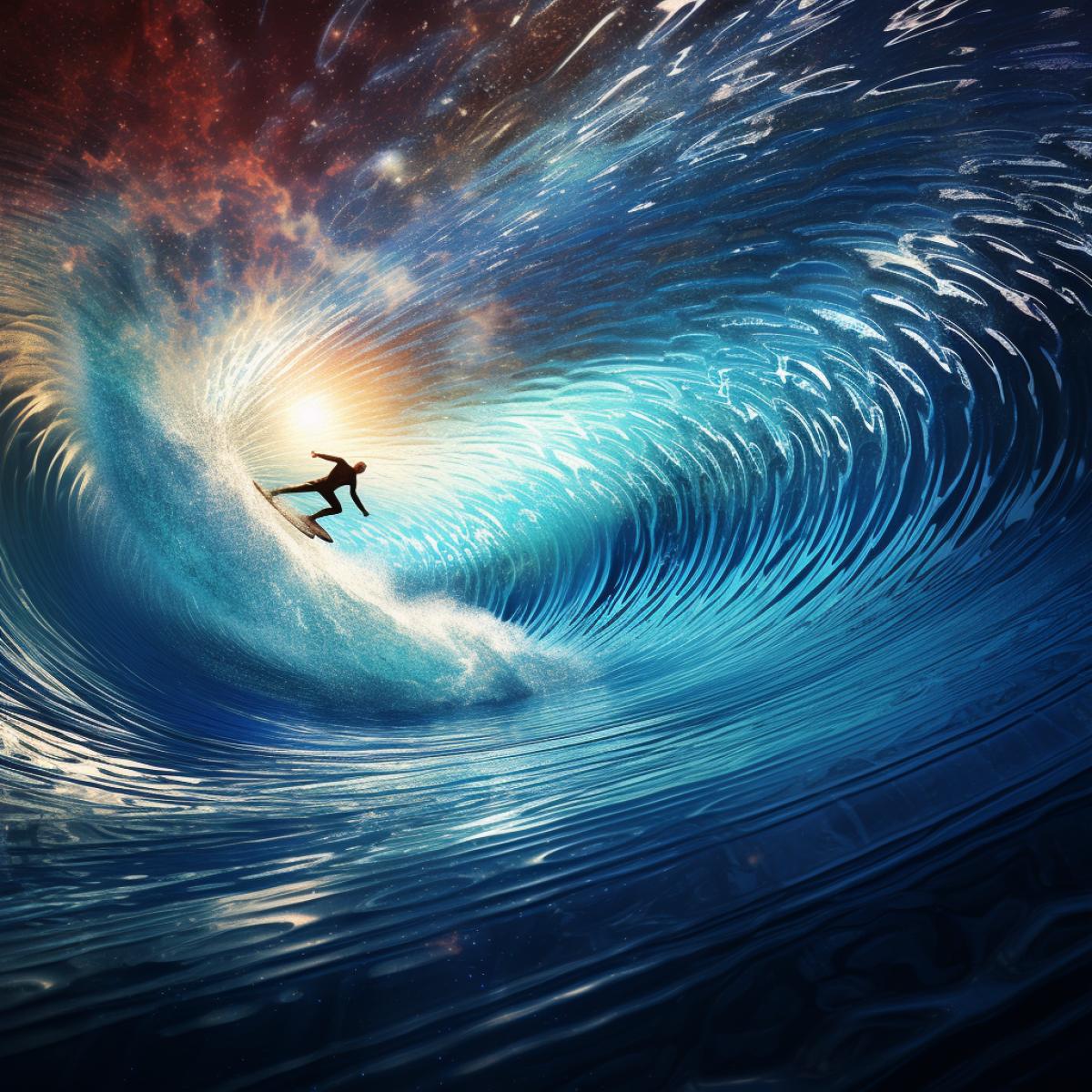 a huge surfer is surfing on torus in light blue 3d dna gravitation wave next torus made of mezmerizing fractals of light swirling down a dark hole in celestial sea of glowing soft white and light blue, misty glowing hot space, in torus, on rainbow solar system background, solar wind