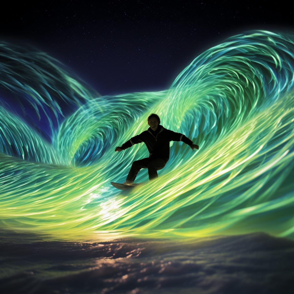 man surfing on the Aurora Borealis by Zak Noyle and Janet Echelman