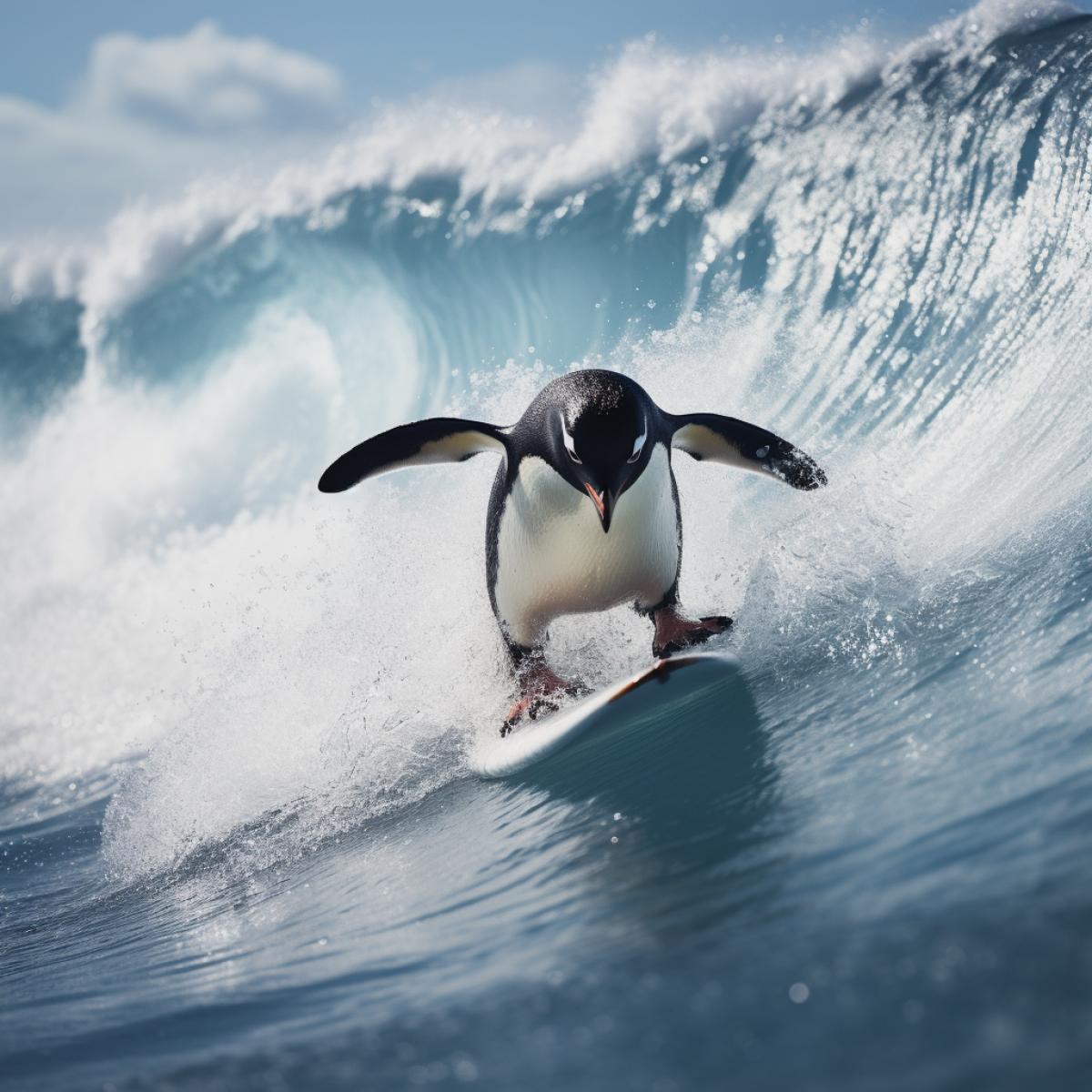 long view distance zoom out penguin surfing on surfboard on snow