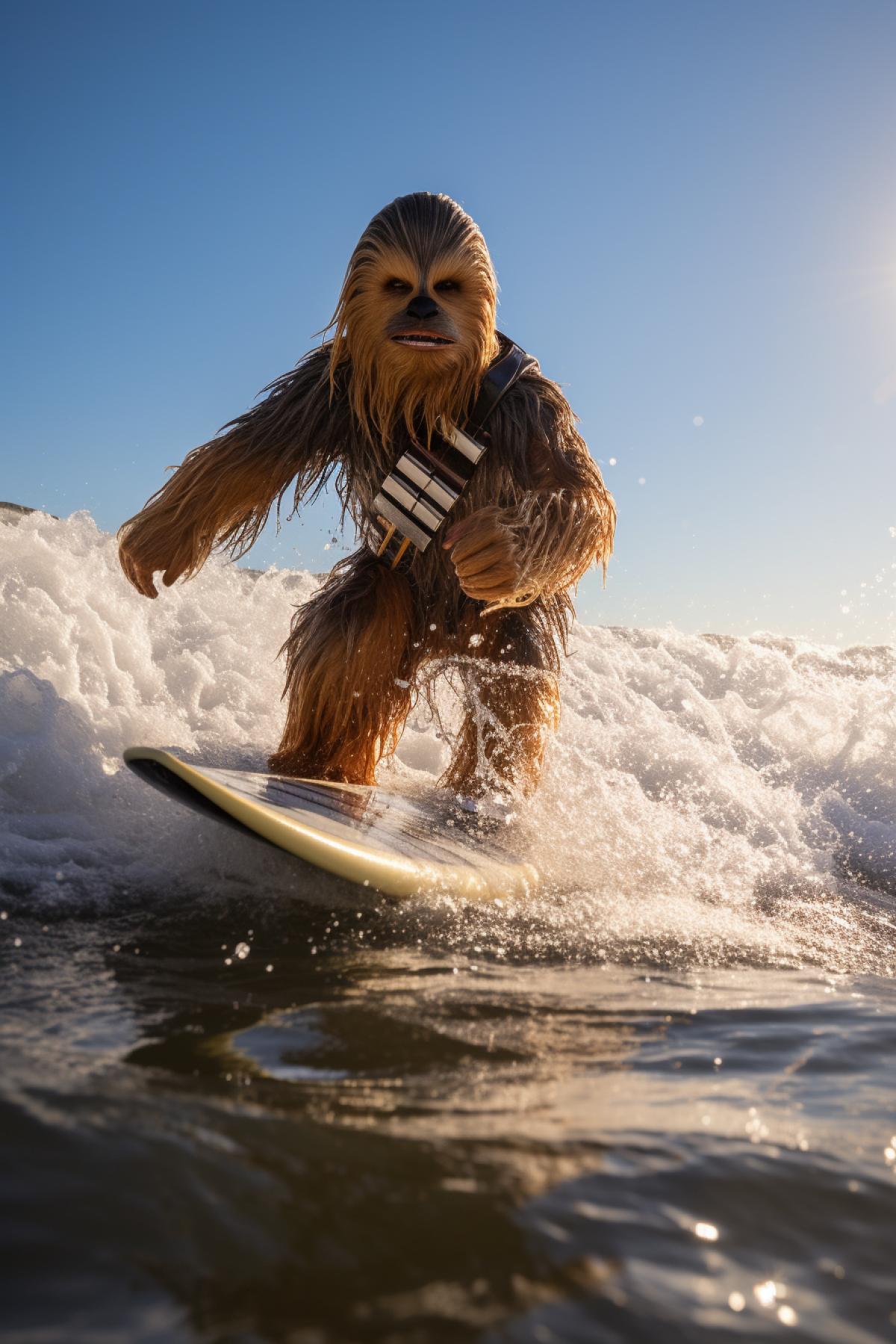 Chewbacca Surfing on a Wave , 8k, wide angle , sharp-focus, intricately-detailed, f/8, ISO 100, shutter-speed 1/125, photographed by Dean Cundey, monovisions, small-catchlight, low-contrast, High-sharpness, facial-symmetry, depth-of-field, golden-hour, ultra-detailed photography