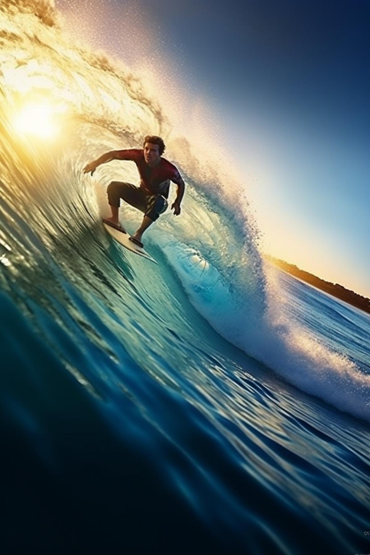 Close up portrait of a Surfer surfing the perfect wave on a peaceful morning, huge transparent wave with sun behind it, photo realistic, highly detailed, cinematic lighting