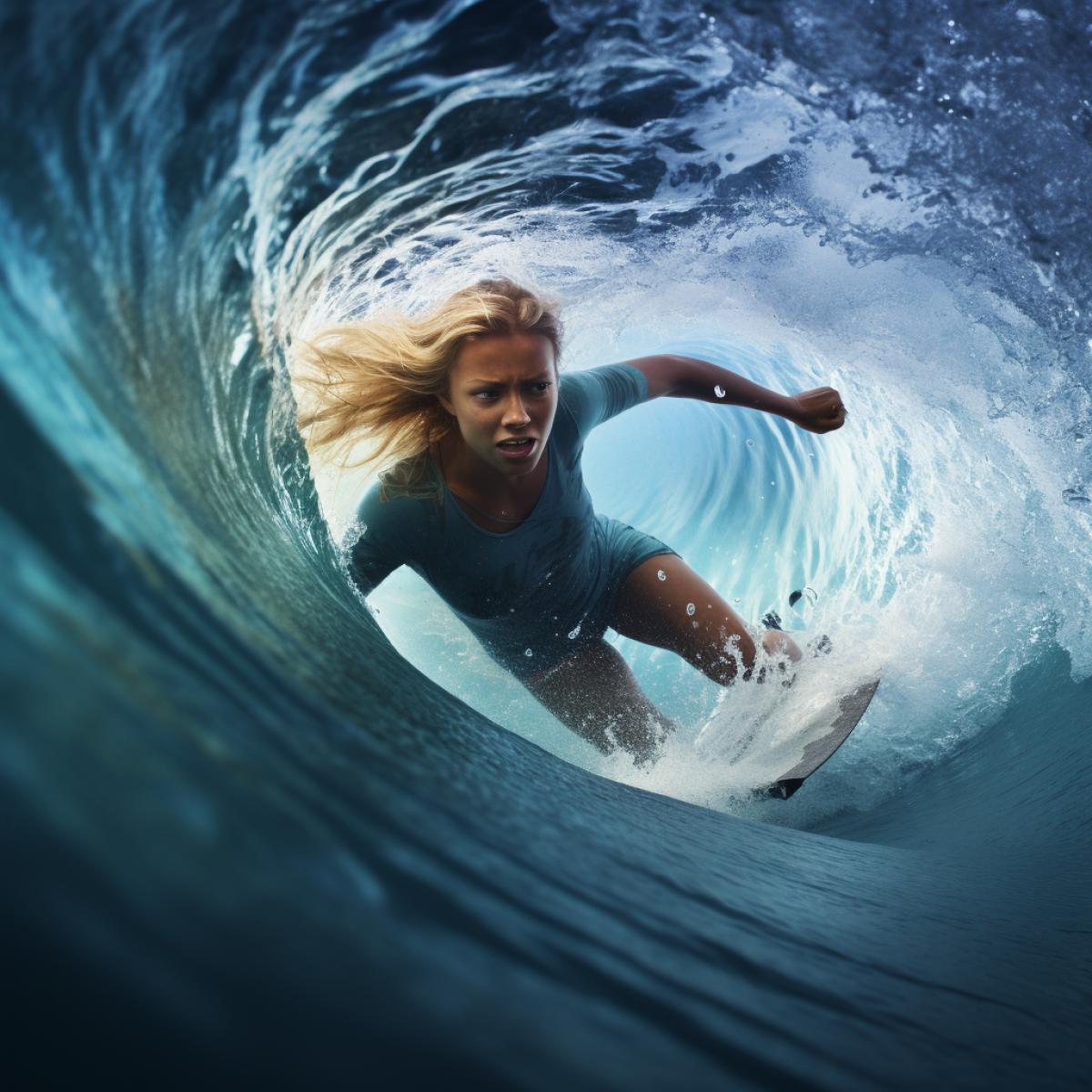 Blonde girl Surfer holding white surf board Diving Duckdive under Big Beautiful Ocean Wave. Turbulent tube with air bubbles and tracks after sea wave crashing