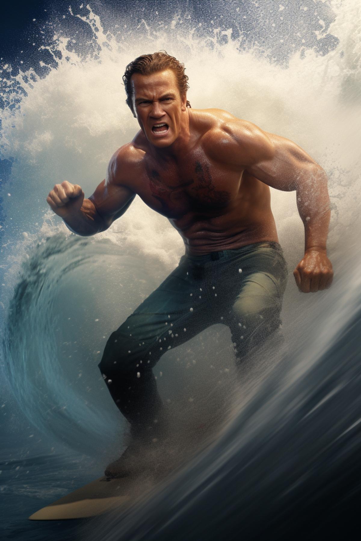 Arnold Schwarzenegger surfing the wave, full body, high definition, 8k