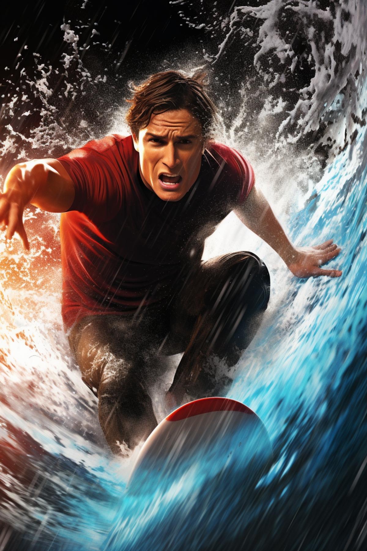 A young, healthy, handsome but stupid surfer on a board, there’s a storm all around, horror, devastation, and he’s a freak riding a board.