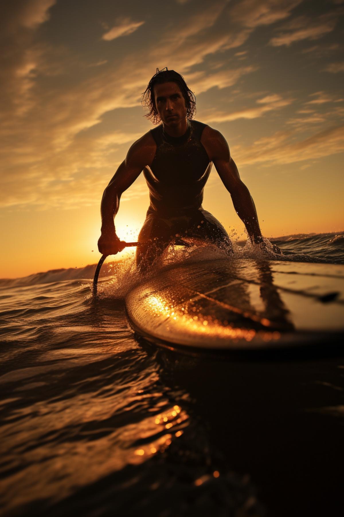 A surfer is in the ocean, on his surfboard. He wears a neoprene wetsuit, usually brightly colored to be visible on the water. A surfers hair can be mixed with salt and wind, and it flutters freely in the wind. On his feet are surf boots, which provide protection and traction on the board. :: The surfer holds in his hands a special long surfboard, which is usually decorated with multi-colored graphic designs. He stands on the board, balancing, with a T-shirt on top of his wet suit, as well as sunglasses and a safety cap. On his face you can see the expression of determination and attention, readiness to catch the next wave. :: The sun reflects in the water, creating glare and playing on the surfers wet suit. His figure against the background of the sea and waves creates a beautiful contrast and an inspiring image that embodies the spirit of adventure and freedom that characterizes surfers.