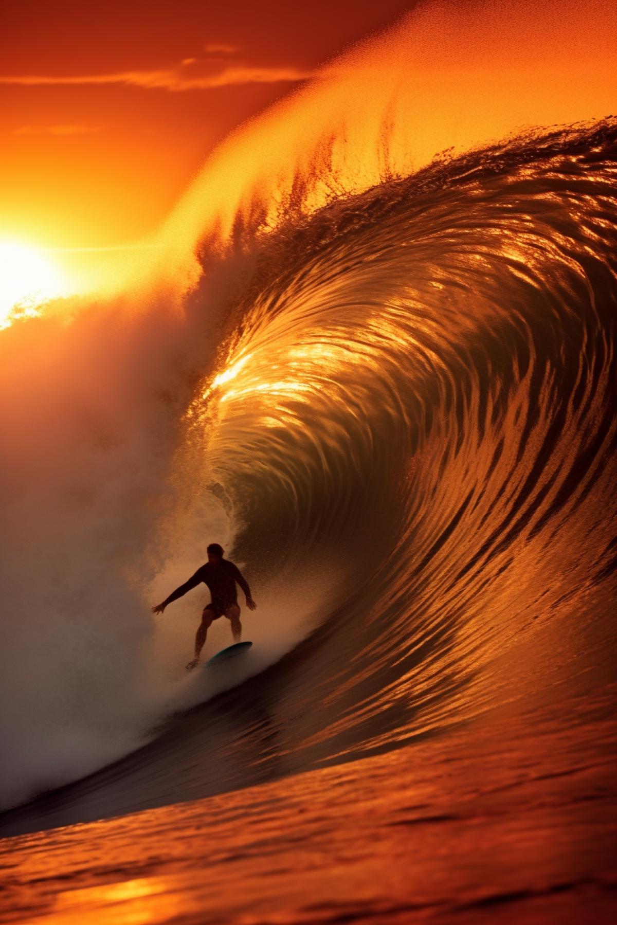 This photograph captures a daring surfer on the crest of a colossal wave, with the golden sun setting behind, casting a warm glow on the ocean. The image portrays the thrilling, adventurous spirit of surfing, as the surfer balances on the edge of natures fury. :: Expanding on this, the surfers silhouette stands out as they ride the towering wave, an awe-inspiring display of human courage in the face of the oceans power. The setting sun paints the sky with fiery hues of orange and red, creating a dramatic backdrop for this heart-pounding moment. The surfers poised stance reveals the mastery required to navigate such challenging conditions, making it evident that this is a person who knows the waves 4kly.