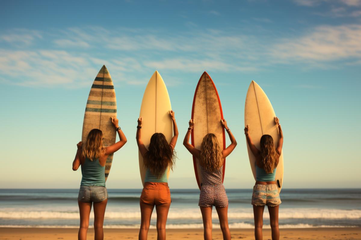 In a classic beach scene, a group of friends are seen laughing and riding waves together. The vibrant colors of their surfboards pop against the azure sea, reflecting the pure joy and camaraderie of the sport. :: Expanding further, the friends laughter and shared adventure evoke a sense of unity and friendship, with the waves serving as both their playground and their bond. The contrasting colors of their surfboards add a playful and lively touch to the scene, accentuating the individuality of each rider while highlighting their collective pursuit of happiness. Its a snapshot of the carefree moments that define the surfing lifestyle, where memories and connections are forged in the embrace of the sea.