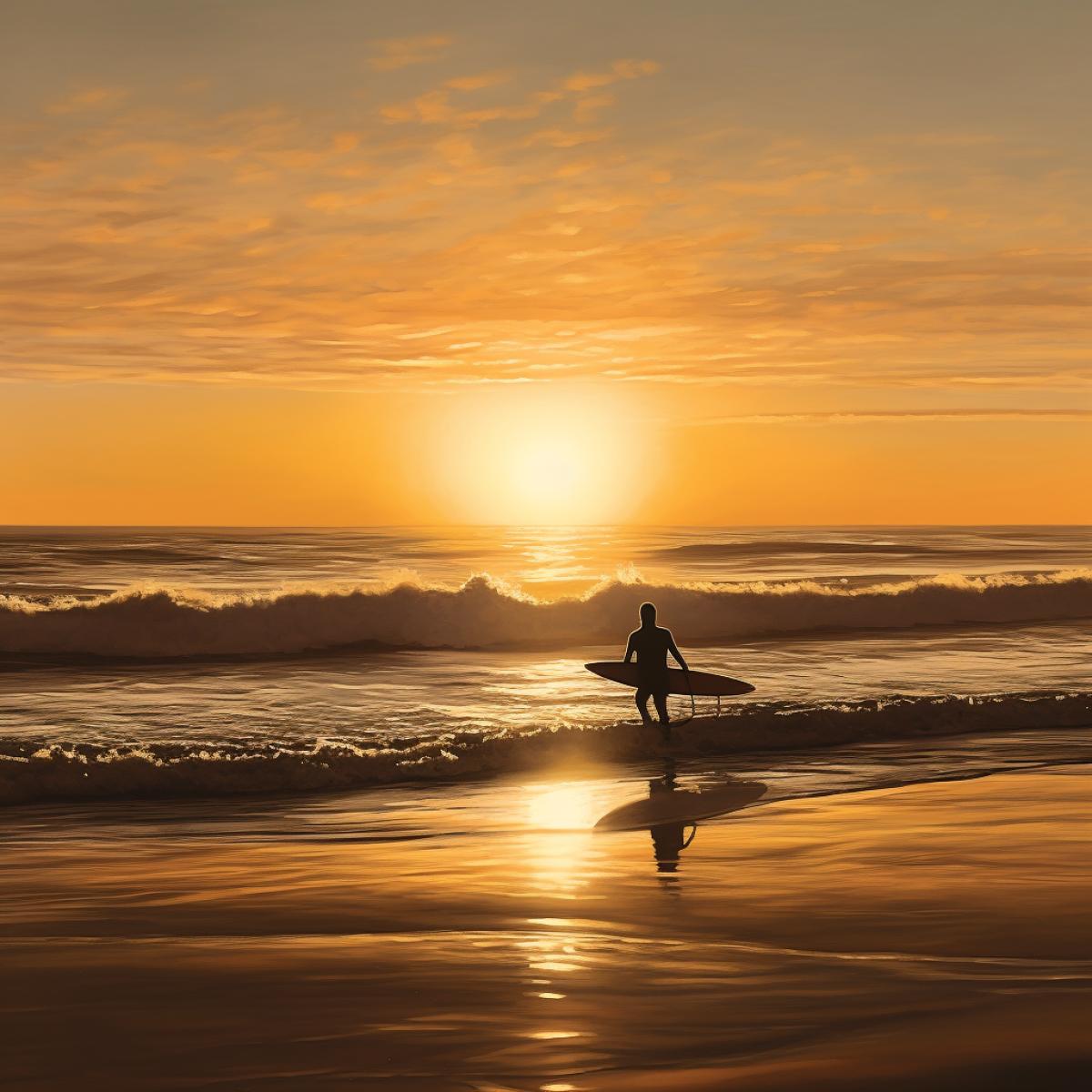 A serene beach scene showcases a surfer sitting on their board, patiently waiting for the perfect wave. The setting sun bathes the scene in a warm, soothing light, creating a moment of pure tranquility. :: Expanding further, the surfers posture on the board exudes a sense of calm and contemplation, a stark contrast to the usual dynamism of the sport. The sunlight at the cusp of setting blankets the scene in a gentle, golden glow, enhancing the tranquility of the moment. Its a snapshot of the anticipation that comes with waiting for the right wave, a time when surfers can connect with the oceans rhythm and appreciate its vast beauty.