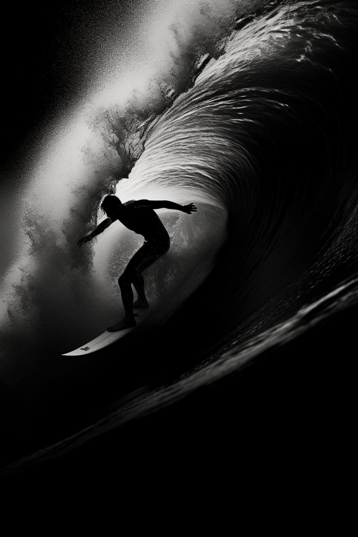 A timeless dark-and-white image captures a surfer in silhouette against the curling lip of a wave, epitomizing the enduring allure of the sports elegance. :: Expanding on this, the dark-and-white format adds a timeless quality to the image, emphasizing the enduring beauty of surfing. The surfers silhouette against the curling wave epitomizes the sports grace and poise. This image transcends eras, speaking to the enduring appeal of riding the waves and the ageless connection between surfers and the sea.