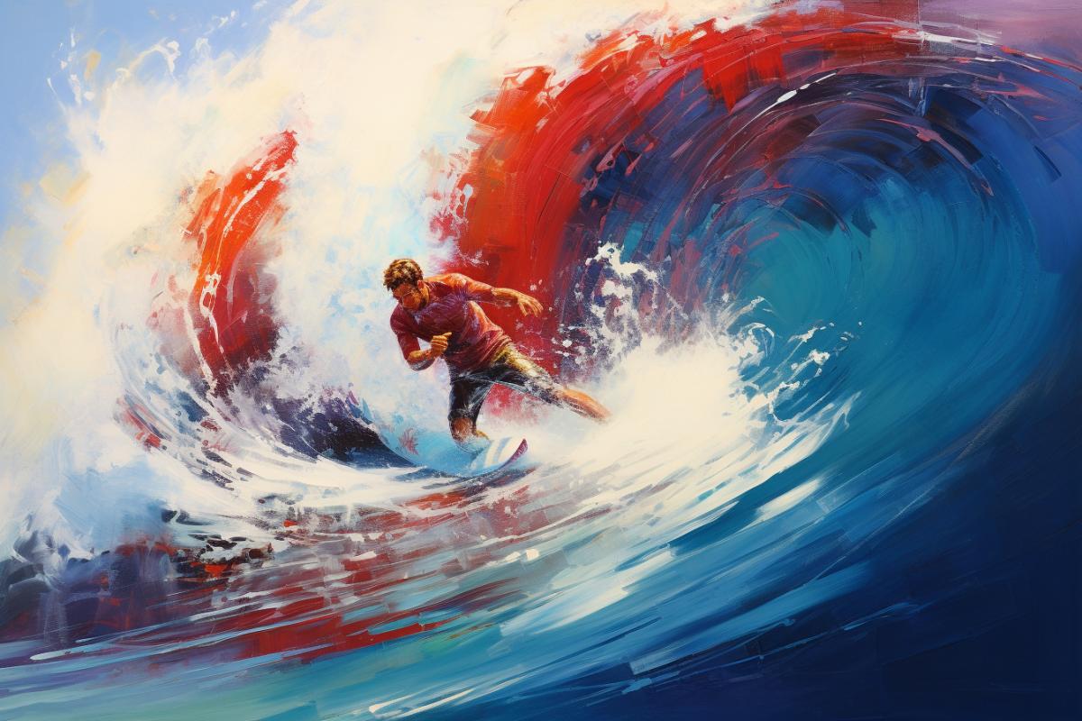 A painting, rich in vibrant colors, depicts a surfers dance with a giant wave. The artists bold brushstrokes convey the dynamic energy and intensity of the moment. :: Expanding further, the paintings vivid colors and bold brushstrokes bring the surfers dance with the massive wave to life. The artists expressive technique captures the raw energy and intensity of the sport, with each stroke of the brush echoing the power of the crashing wave. This artwork is a celebration of the harmonious relationship between surfer and ocean, a union of human spirit and natural force.