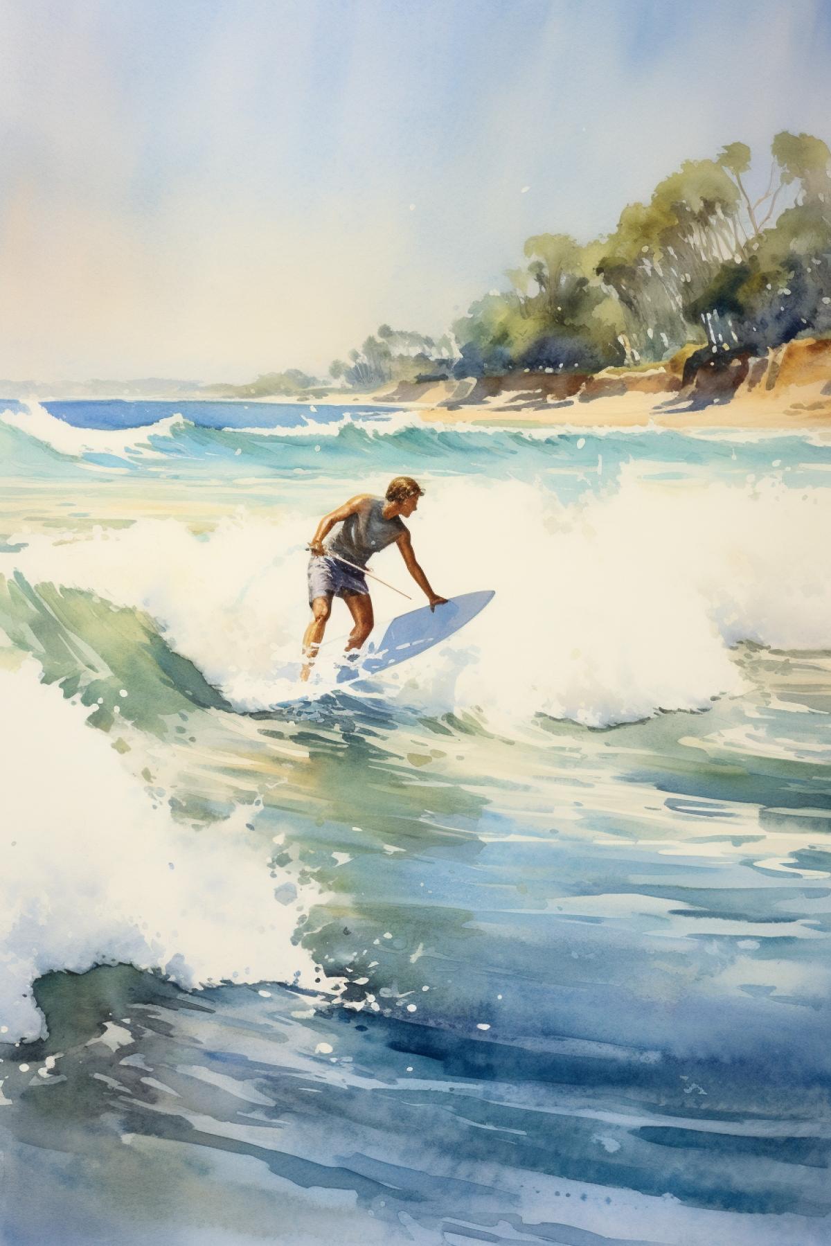 is a renowned work of art by John Severson, who is equally celebrated as a surfer and artist. The painting showcases his mastery of watercolor technique. The artist dirtfully captures the essence of a serene summer day at the beach. Seversons watercolors blend seamlessly to create the tranquil blue of the ocean and the soft golden tones of the sand. The watercolors natural fluidity beautifully mimics the ebb and flow of the sea, adding a touch of movement to the still scene. :: The surfers depicted in the painting are rendered with remarkable detail, with Seversons expertise in watercolor allowing for the subtle variations in skin tone, as well as the play of light and shadow on their bodies. The surfboards, seemingly due to the watercolors transparency, showcase Seversons technical dirt in achieving intricate textures. Endless Summer is a testament to the artists ability to capture the tranquil allure of the ocean and the sport of surfing through the unique qualities of watercolor.